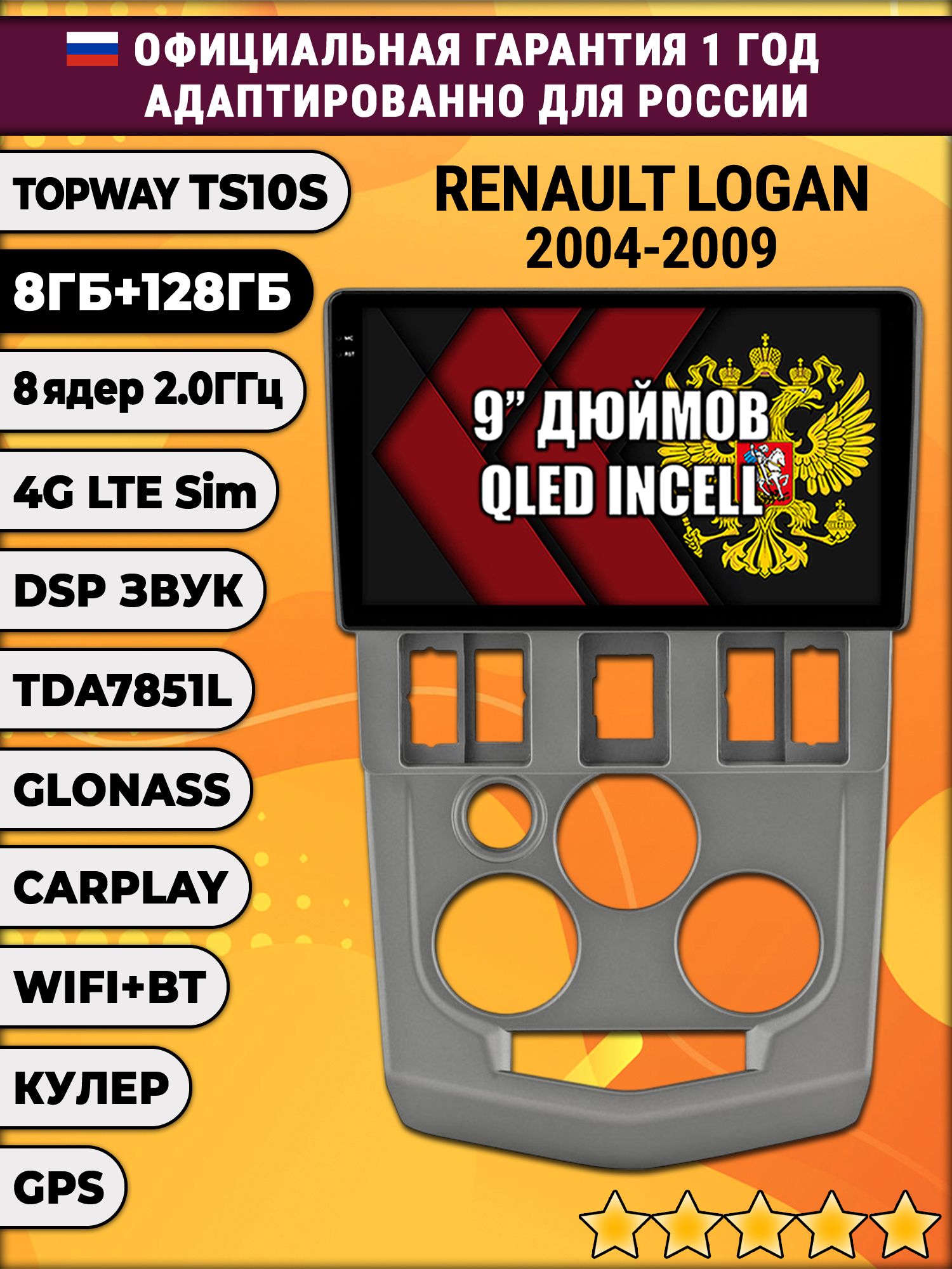 8 ядер TS105, память 8/128гб, для RENAULT LOGAN (2004-2009), Android магнитола