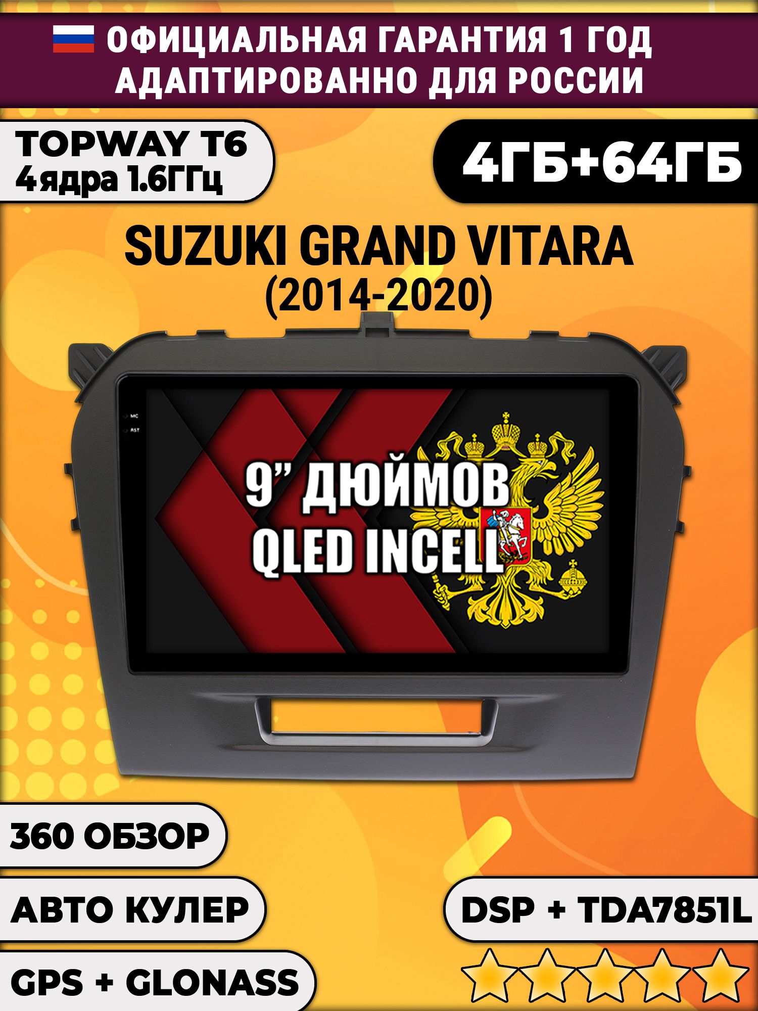 4гб+64гб с DSP для SUZUKI VITARA (2014-2020), Android магнитола, без слота под симку, усилитель звука TDA7851 и поддержка 360 камер