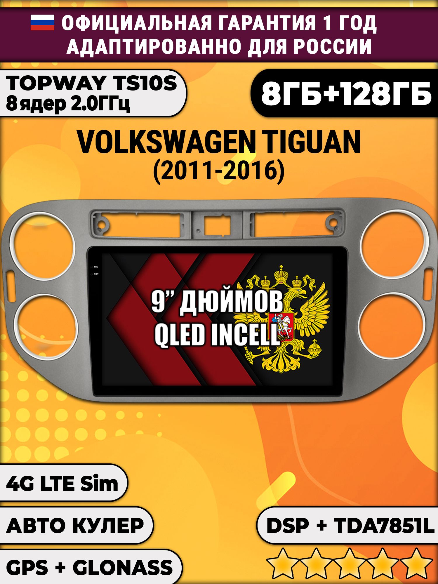 8 ядер TS105, память 8/128гб для VOLKSWAGEN TIGUAN (2011-2016), Android магнитола, Квадратная аварийка, темно серая рамка