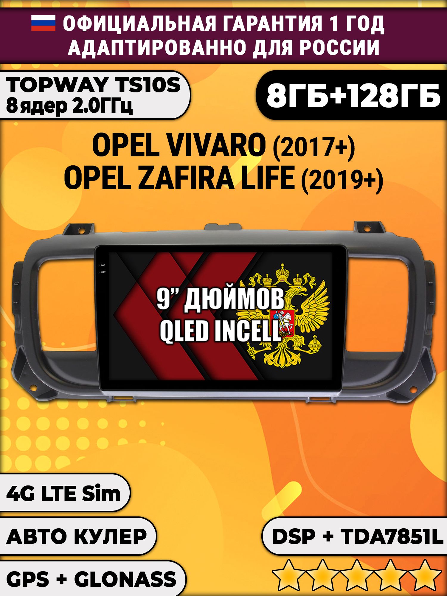 8 ядер TS105, память 8/128гб для OPEL VIVARO (2017-2024), ZAFIRA LIFE (2019-2024), Android магнитола