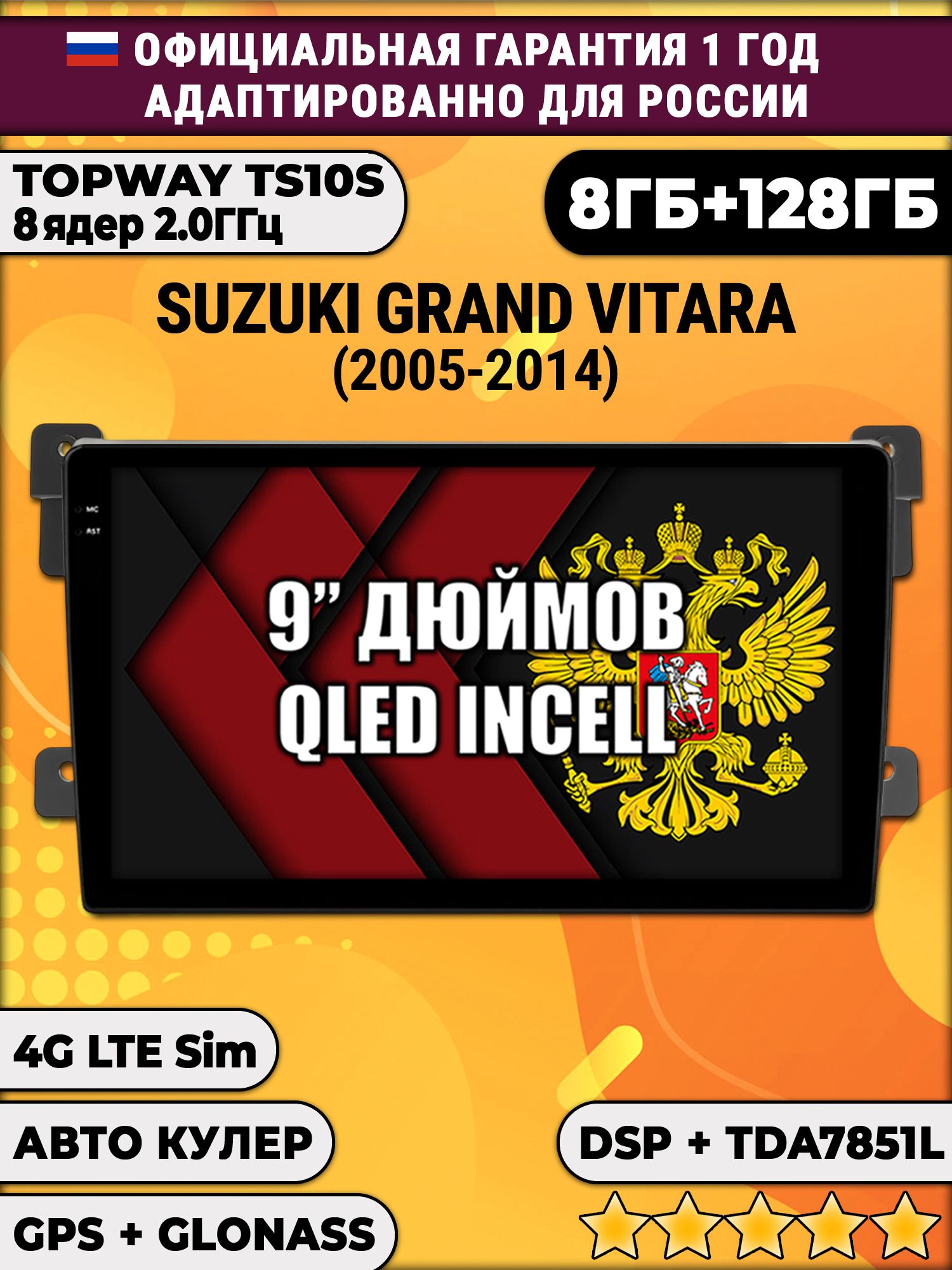 8 ядер TS105, память 8/128гб для SUZUKI GRAND VITARA (2005-2014), Android магнитола