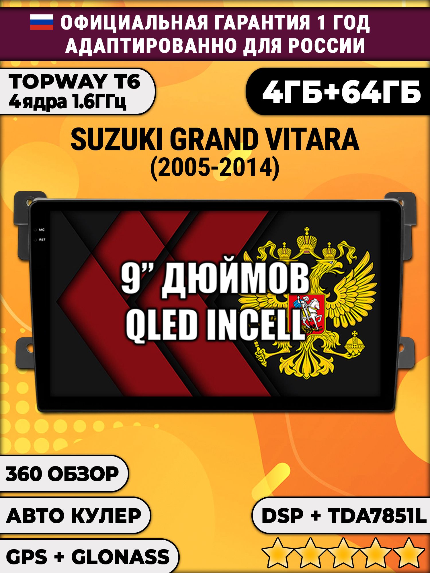 4гб+64гб с DSP для SUZUKI GRAND VITARA (2005-2014), Android магнитола, без слота под симку, усилитель звука TDA7851 и поддержка 360 камер