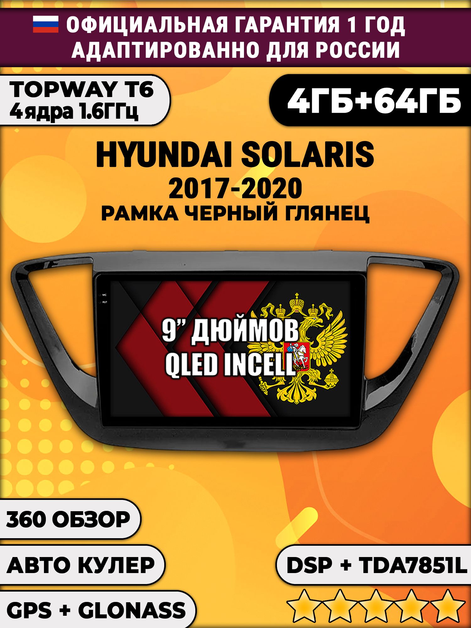 4гб+64гб с DSP для HYUNDAI SOLARIS (2017 2018 2019 2020) Соларис, рамка черная глянцевая, Android магнитола, без слота под симку, усилитель звука TDA7851 и поддержка 360 камер