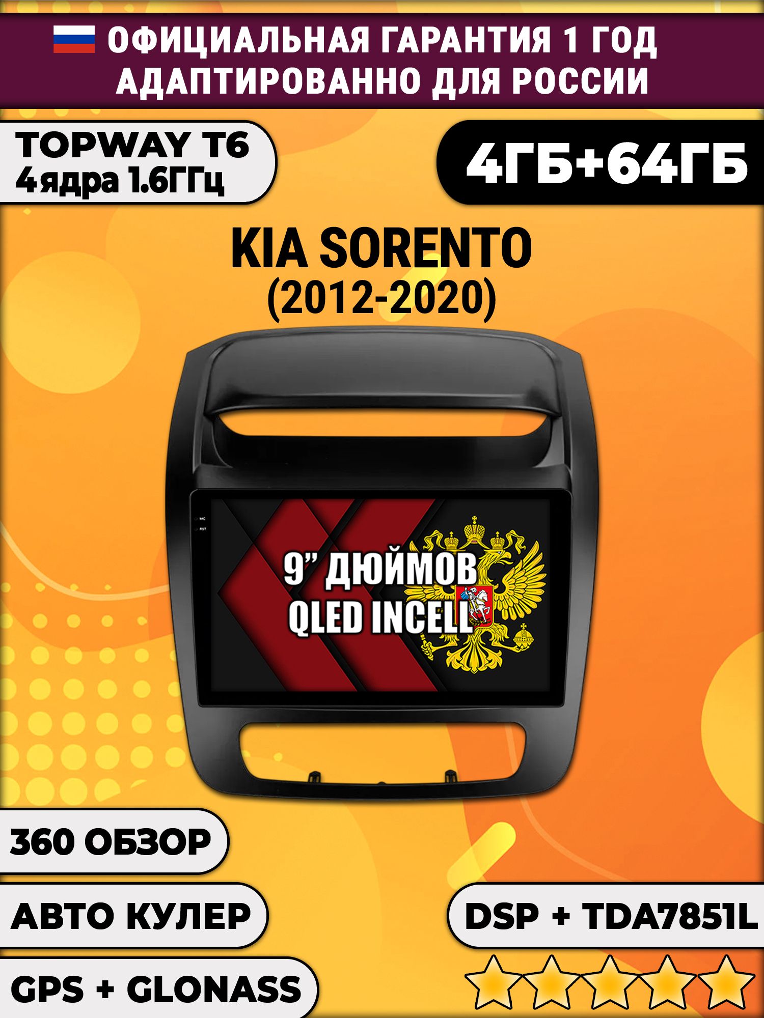 4гб+64гб с DSP для KIA SORENTO (2012-2020), Android магнитола, без слота под симку, усилитель звука TDA7851 и поддержка 360 камер