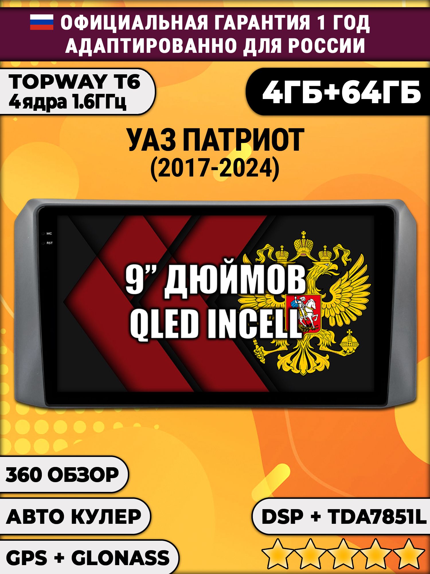 4гб+64гб с DSP для УАЗ ПАТРИОТ (2017 2018 2019 2020 2021 2022 2023 2024) Uaz Patriot, UAZ PATRIOT, Android магнитола, без слота под симку, усилитель звука TDA7851 и поддержка 360 камер