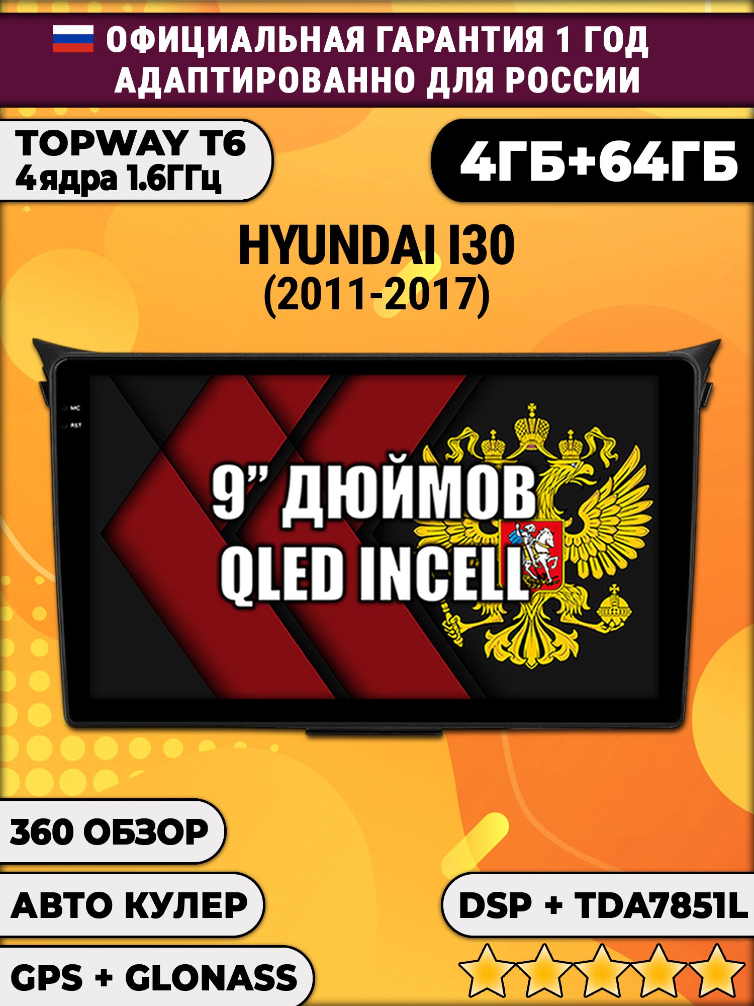 4гб+64гб с DSP для HYUNDAI I30 (2011-2017), Android магнитола, без слота под симку, усилитель звука TDA7851 и поддержка 360 камер