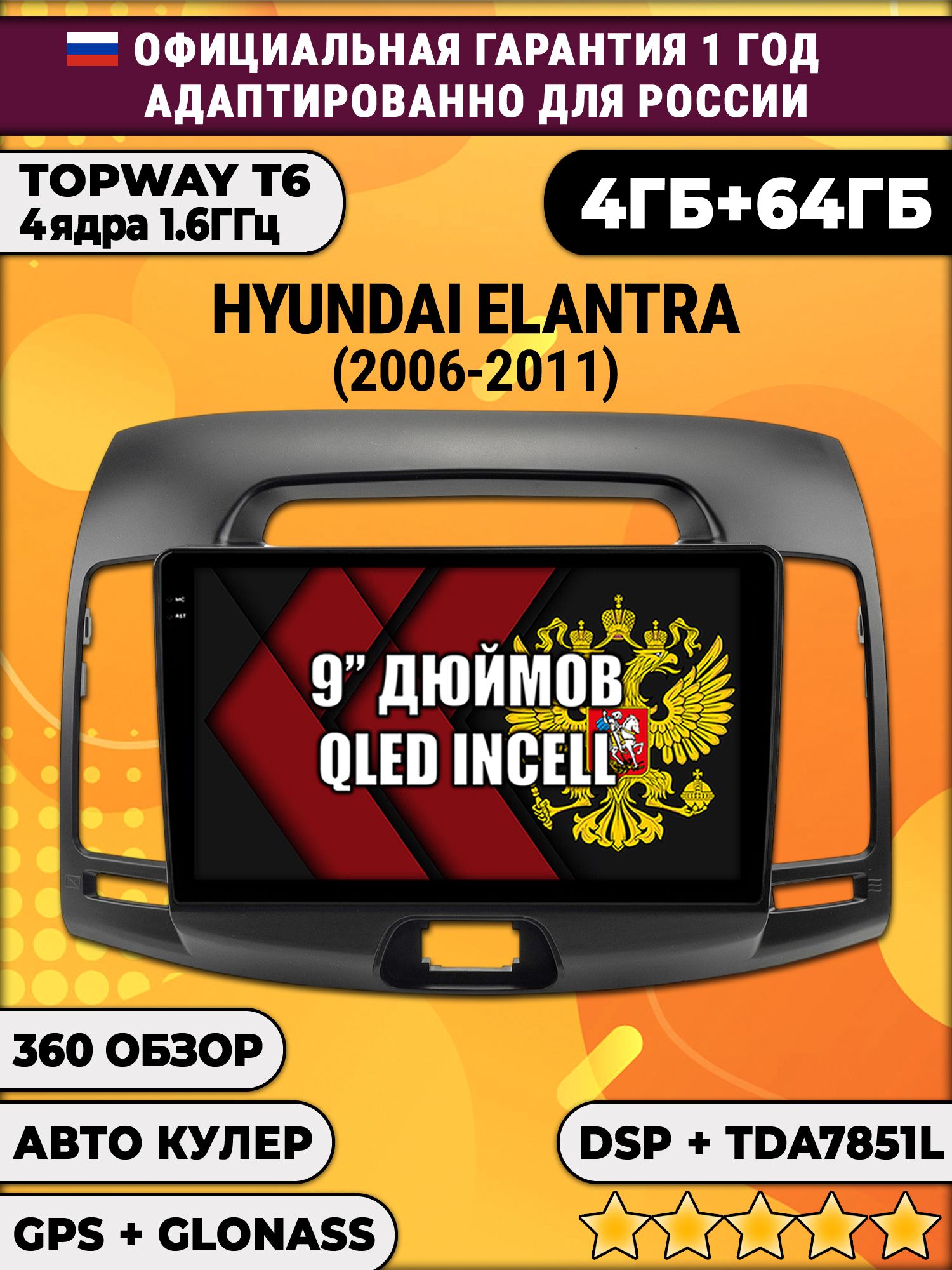 4гб+64гб с DSP для HYUNDAI ELANTRA (2006-2011), Android магнитола, без слота под симку, усилитель звука TDA7851 и поддержка 360 камер