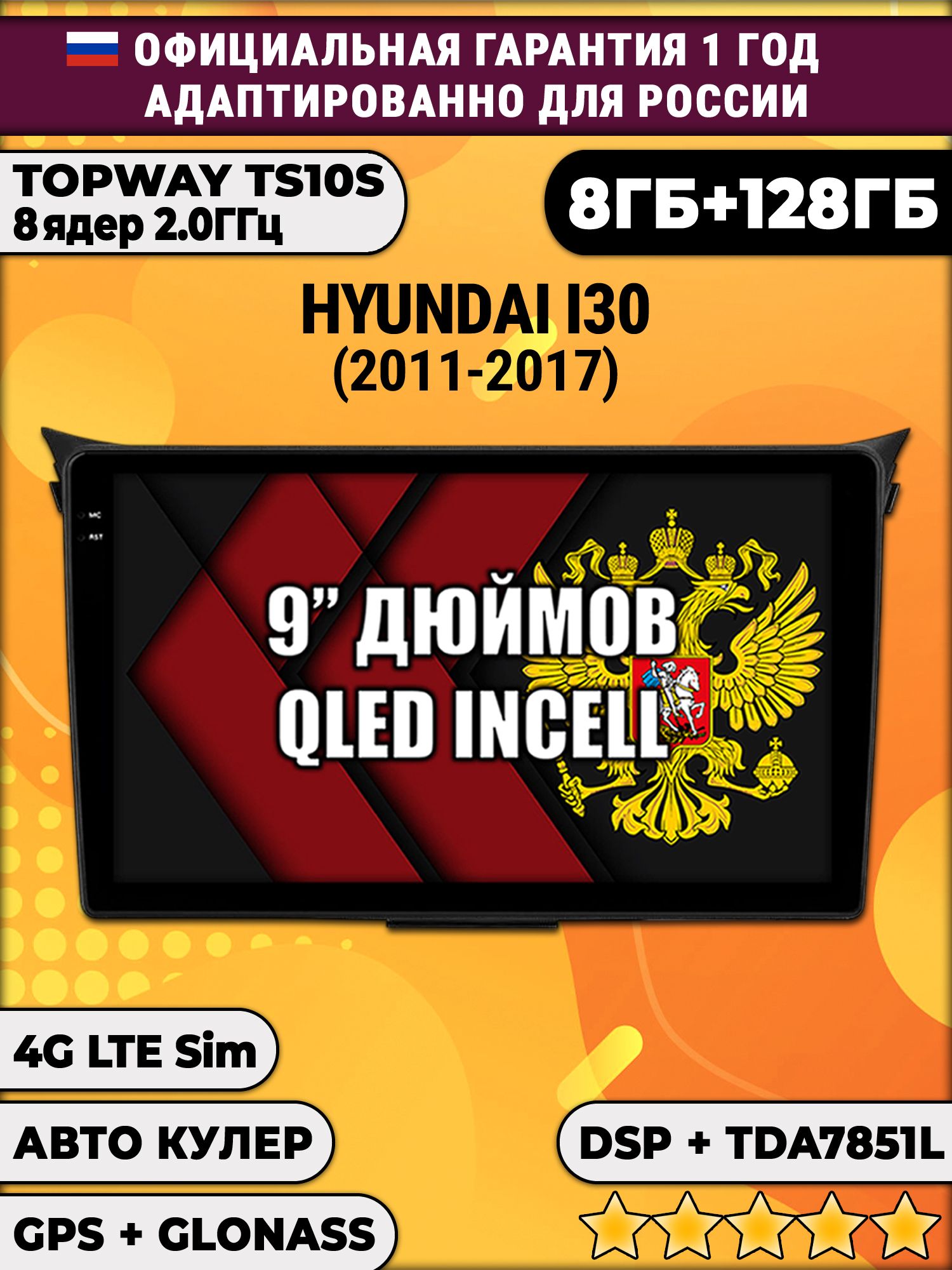 8 ядер TS105, память 8/128гб для HYUNDAI I30 (2011-2017), Android магнитола