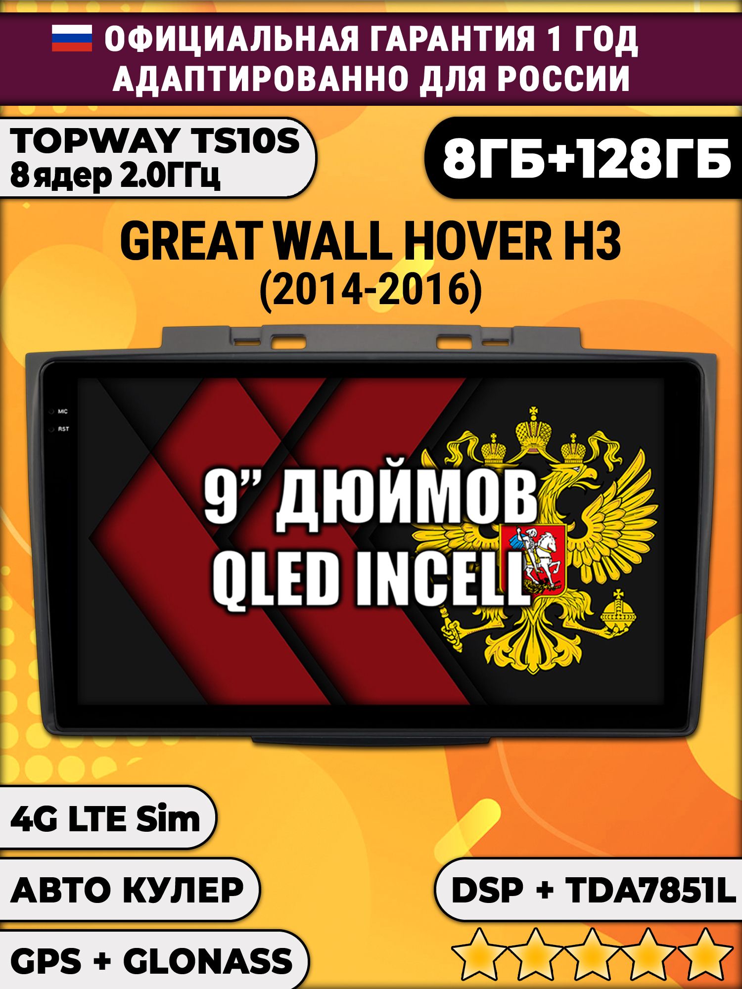 8 ядер TS105, память 8/128гб для GREAT WALL HOVER H3 (2014-2016), HAVAL H5 (2012-2021), Android магнитола