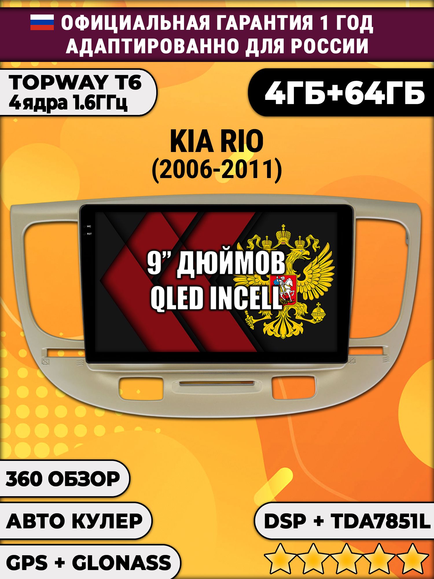 4гб+64гб с DSP для KIA RIO (2006-2011), Android магнитола, без слота под симку, усилитель звука TDA7851 и поддержка 360 камер