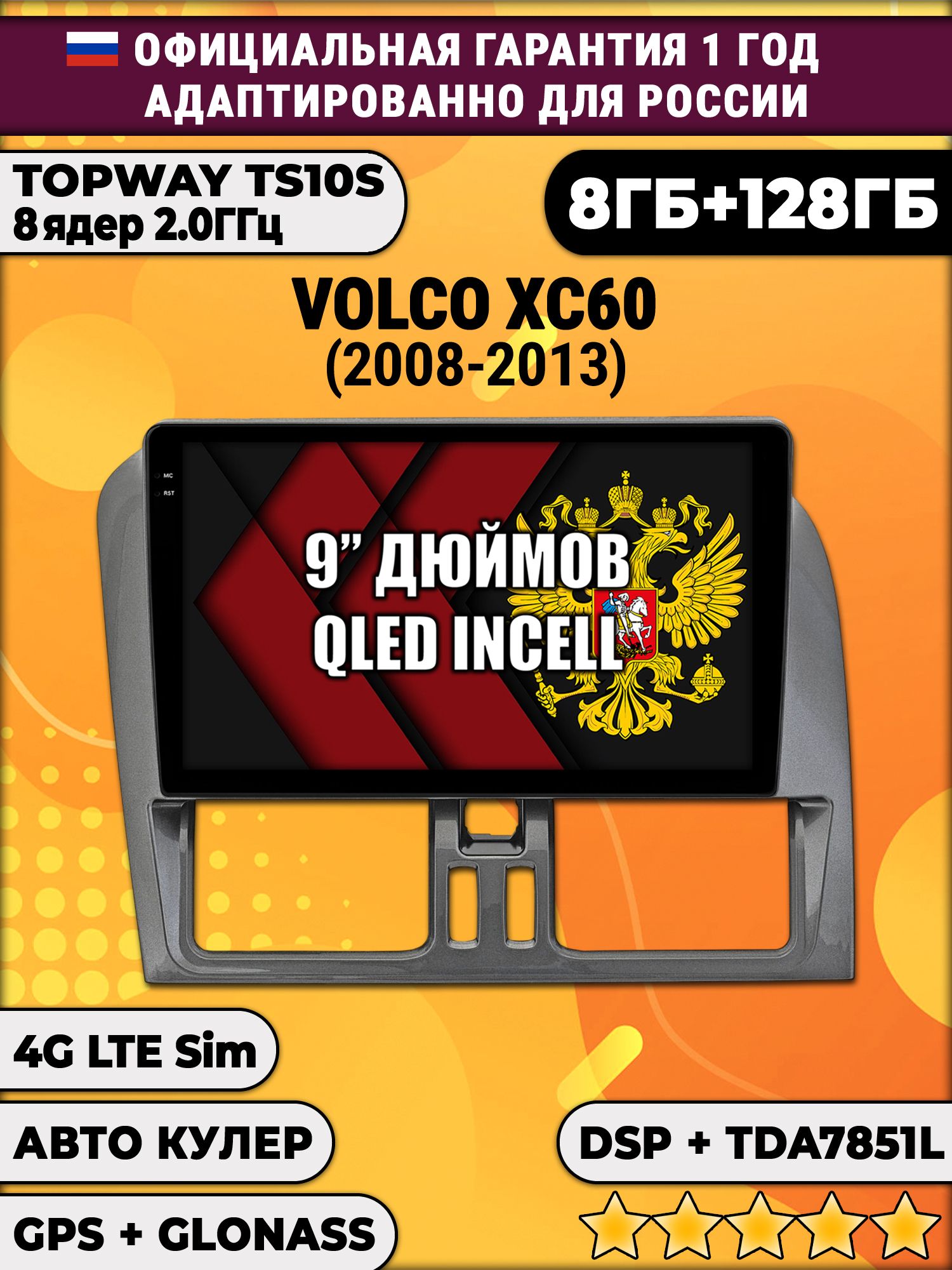 8 ядер TS105, память 8/128гб для VOLVO XC60 (2008-2013), Android магнитола для комплектации без экрана