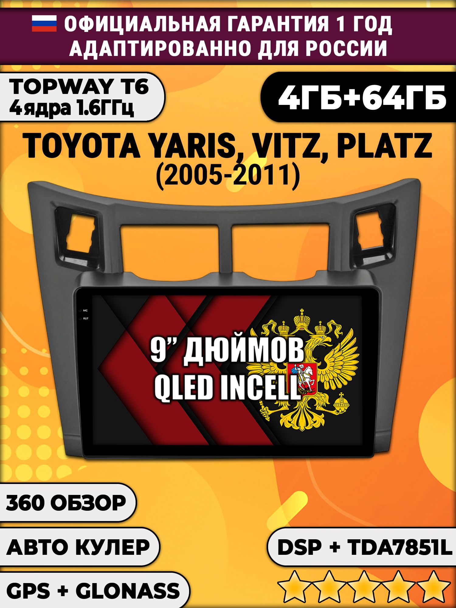 4гб+64гб с DSP для TOYOTA YARIS, VITZ, PLATZ (2005-2011), рамка черная матовая, Android магнитола, без слота под симку, усилитель звука TDA7851 и поддержка 360 камер
