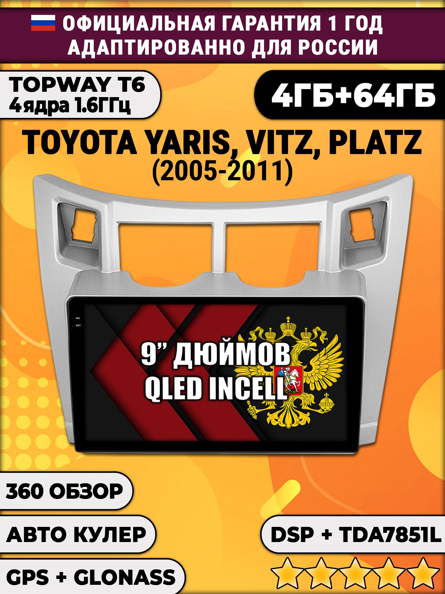 4гб+64гб с DSP для TOYOTA YARIS, VITZ, PLATZ (2005-2011), рамка серая, Android магнитола, без слота под симку, усилитель звука TDA7851 и поддержка 360 камер