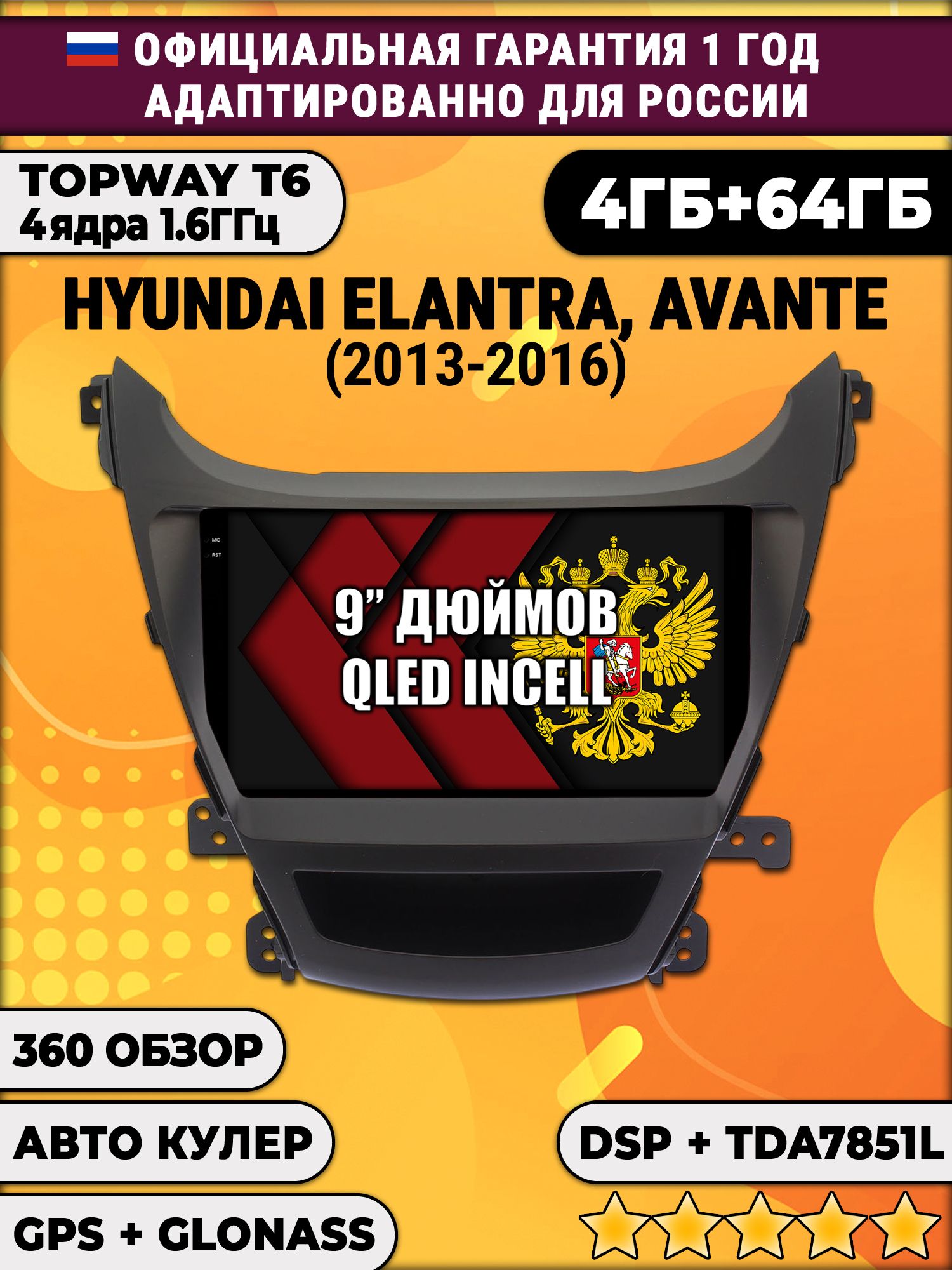 4гб+64гб с DSP для HYUNDAI ELANTRA, AVANTE (2013-2016), Android магнитола, без слота под симку, усилитель звука TDA7851 и поддержка 360 камер