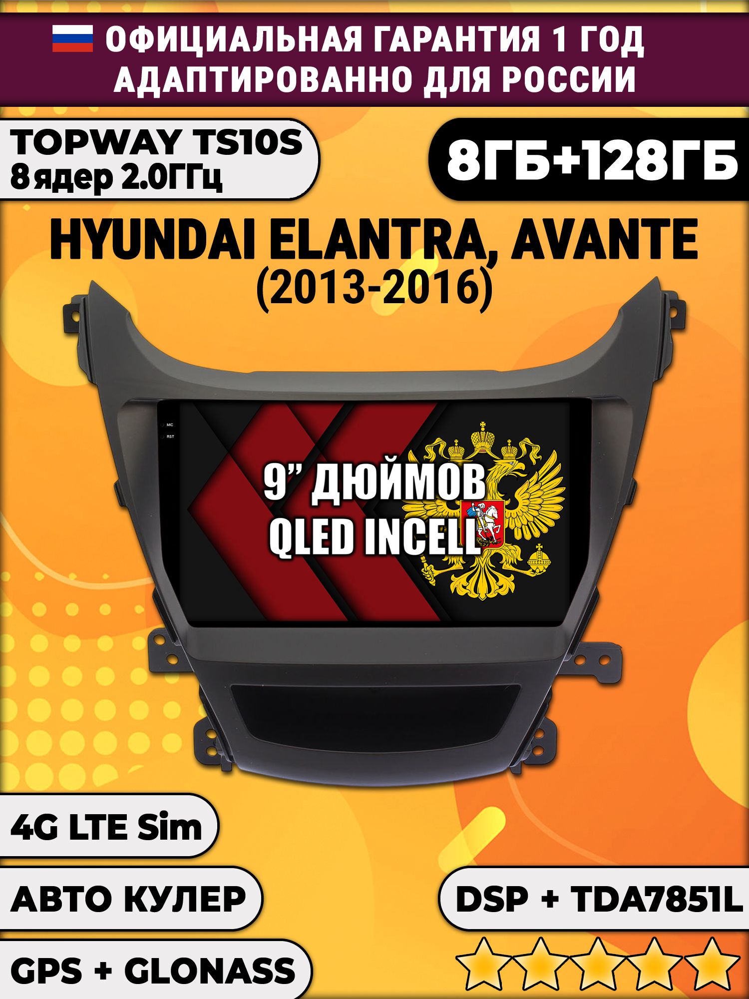 8 ядер TS105, память 8/128гб для HYUNDAI ELANTRA, AVANTE (2013-2016), Android магнитола