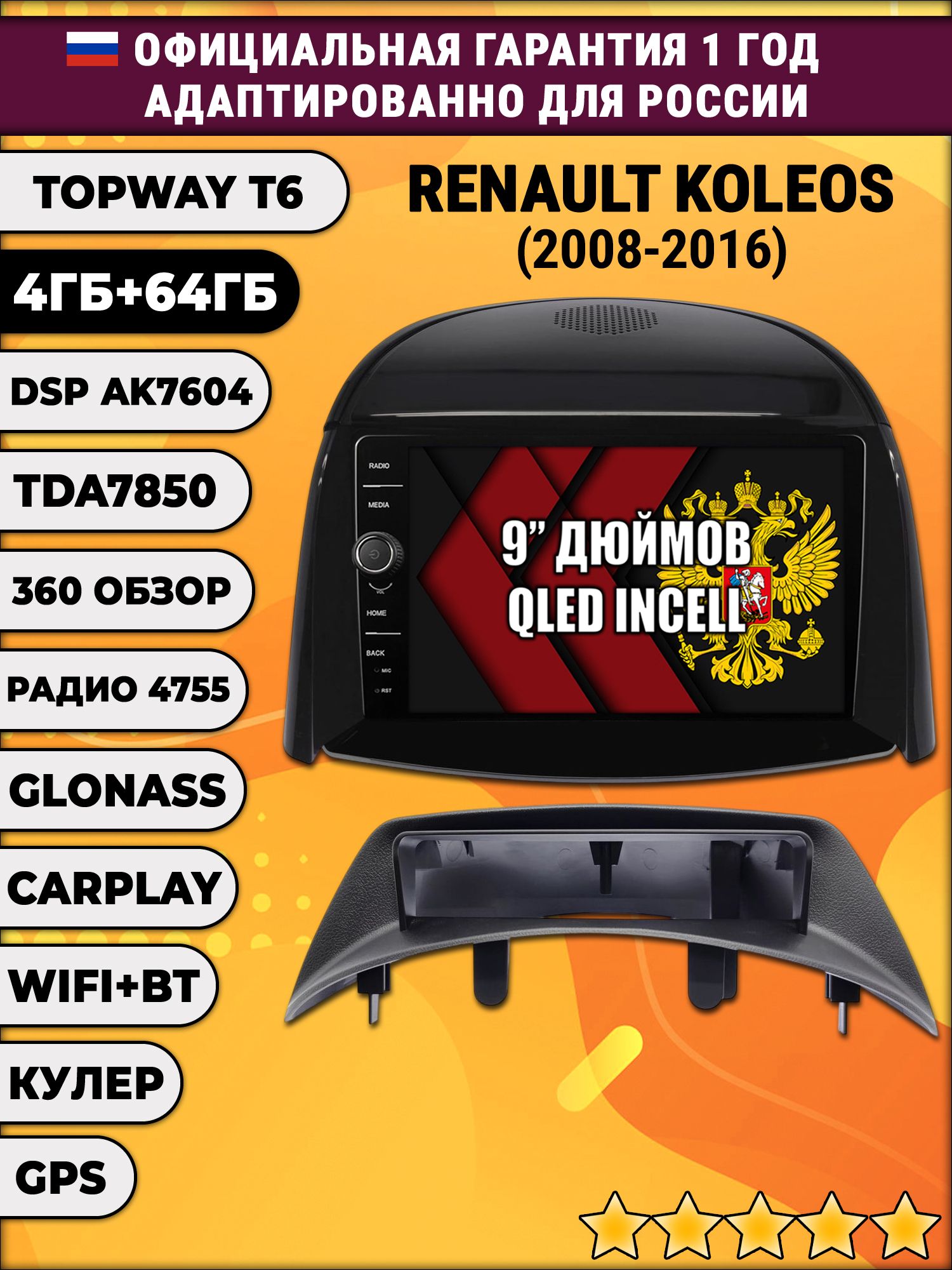 4гб+64гб с DSP и 360 для RENAULT KOLEOS (2008-2016), для комплектации без цветного экрана, Android магнитола с DSP