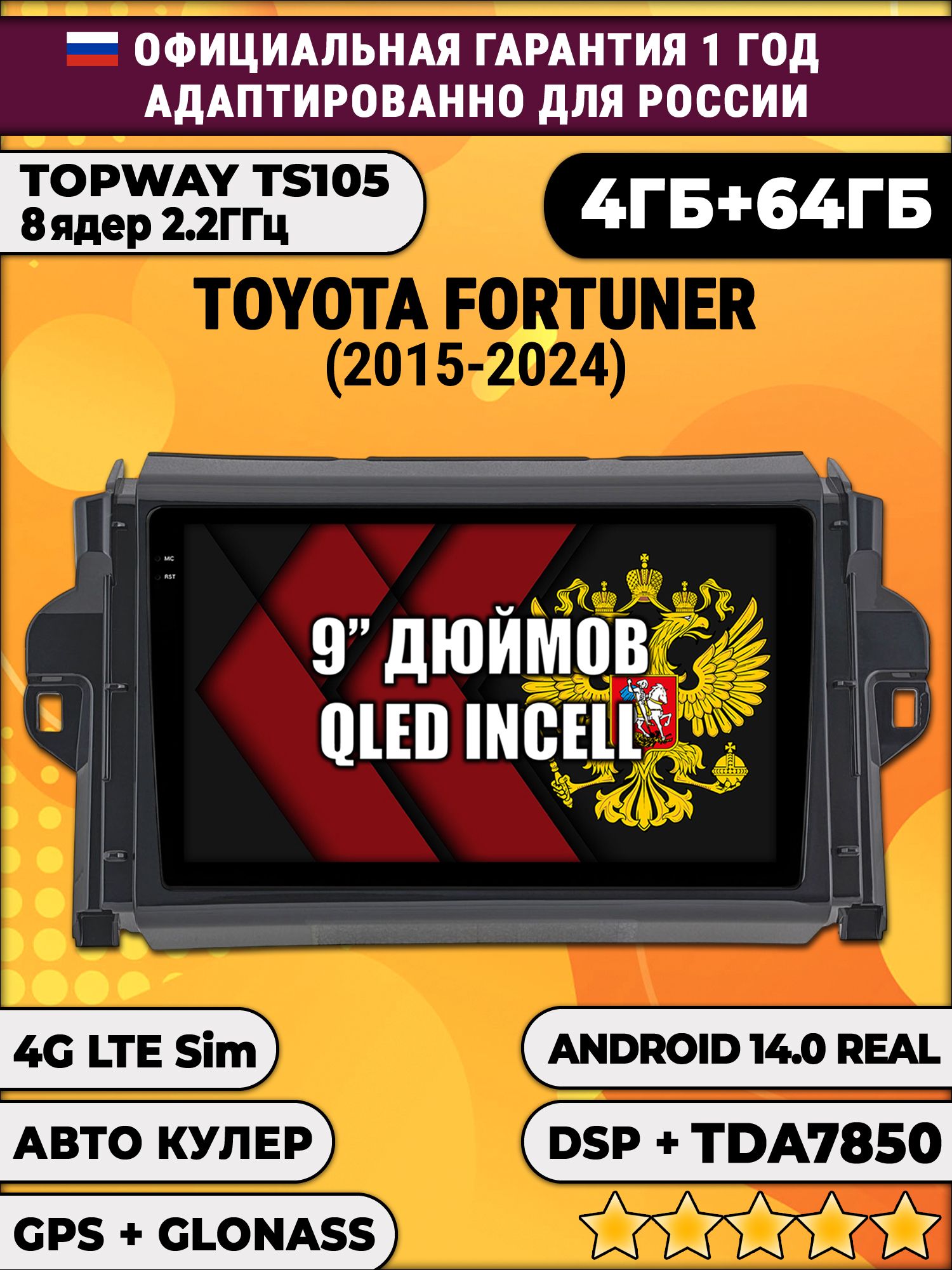 TS105 8 ядер, 4гб+64гб для TOYOTA FORTUNER (2015-2024), Android магнитола