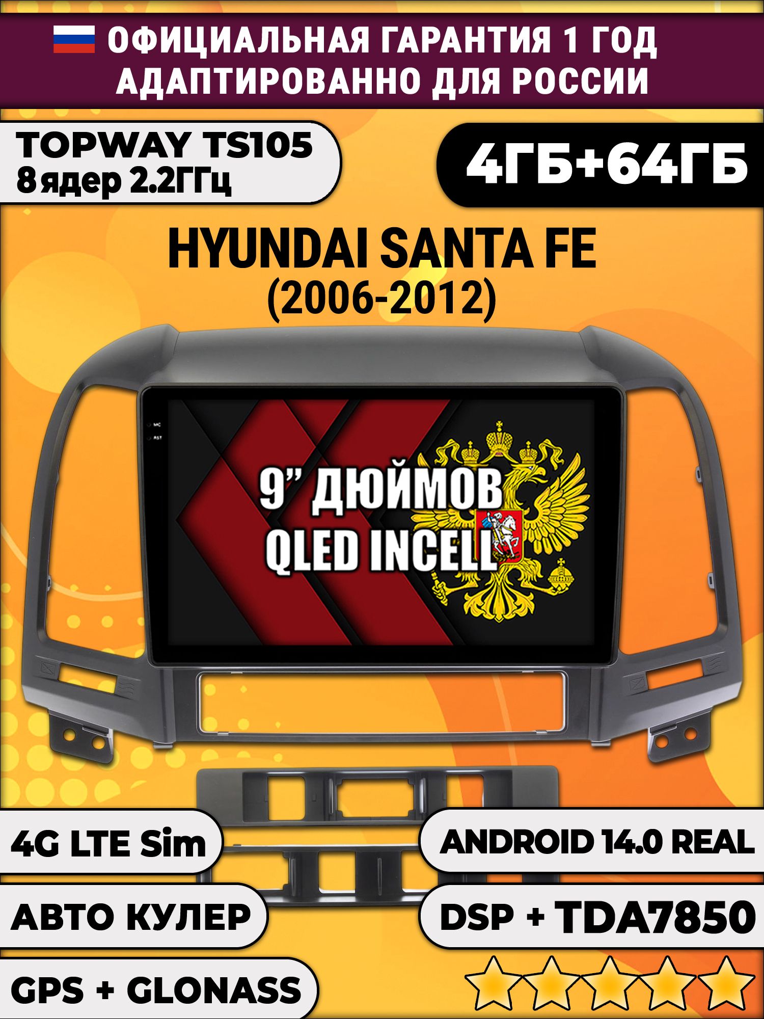 TS105 8 ядер, 4гб+64гб для HYUNDAI SANTA FE (2006-2012), Android магнитола