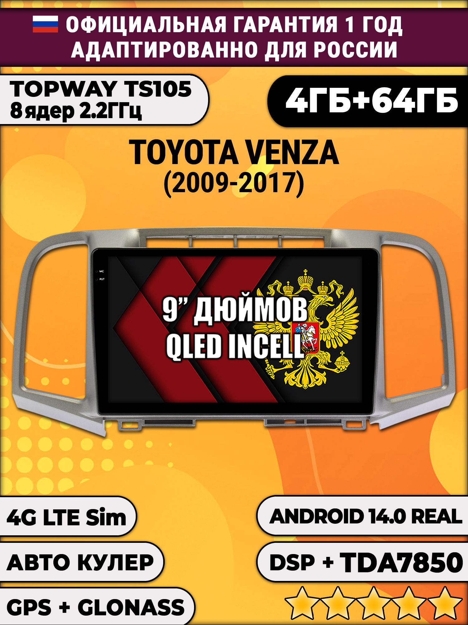 TS105 8 ядер, 4гб+64гб для TOYOTA VENZA (2009-2017), Android магнитола