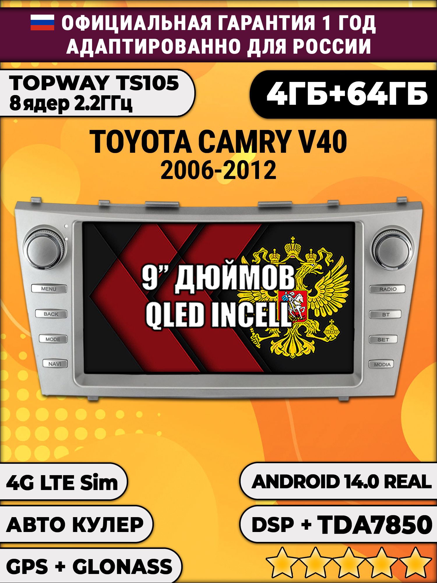 TS105 8 ядер, 4гб+64гб для TOYOTA CAMRY V40 (2006-2012), рамка с крутилками, Android магнитола