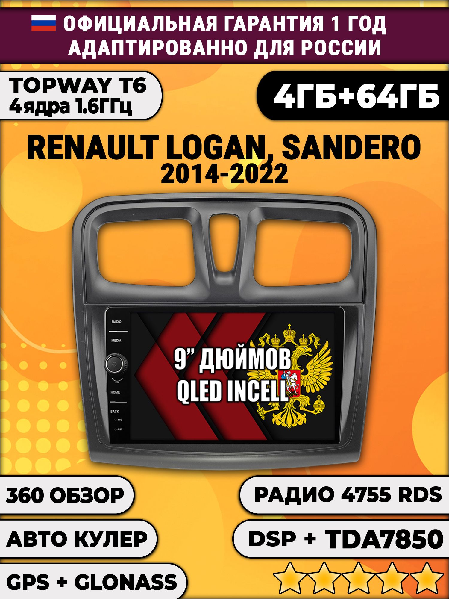 4гб+64гб с DSP и 360 для RENAULT LOGAN, SANDERO (2014 2015 2016 2017 2018 2019 2020 2021 2022), Android магнитола с DSP и усилителем TDA7850