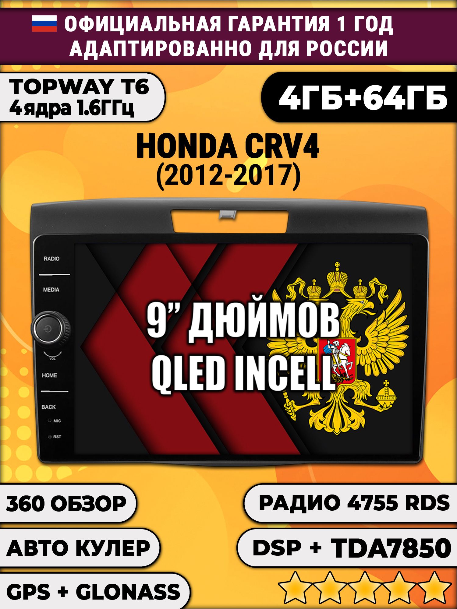 4гб+64гб с DSP и 360 для HONDA CRV 4 (2012-2017), Android магнитола с DSP и усилителем TDA7850