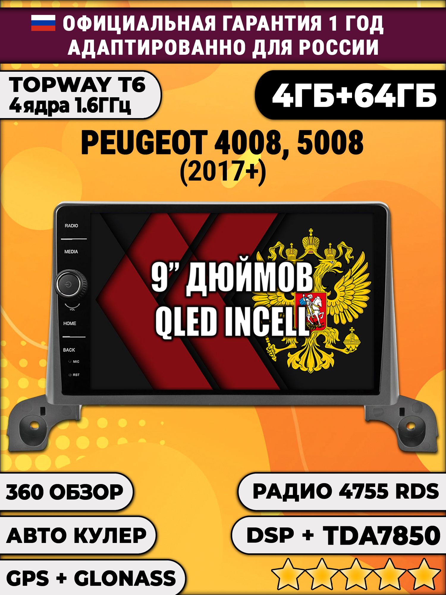 4гб+64гб с DSP и 360 для PEUGEOT 4008, 5008 (2017+) Пежо, Android магнитола с DSP и усилителем TDA7850