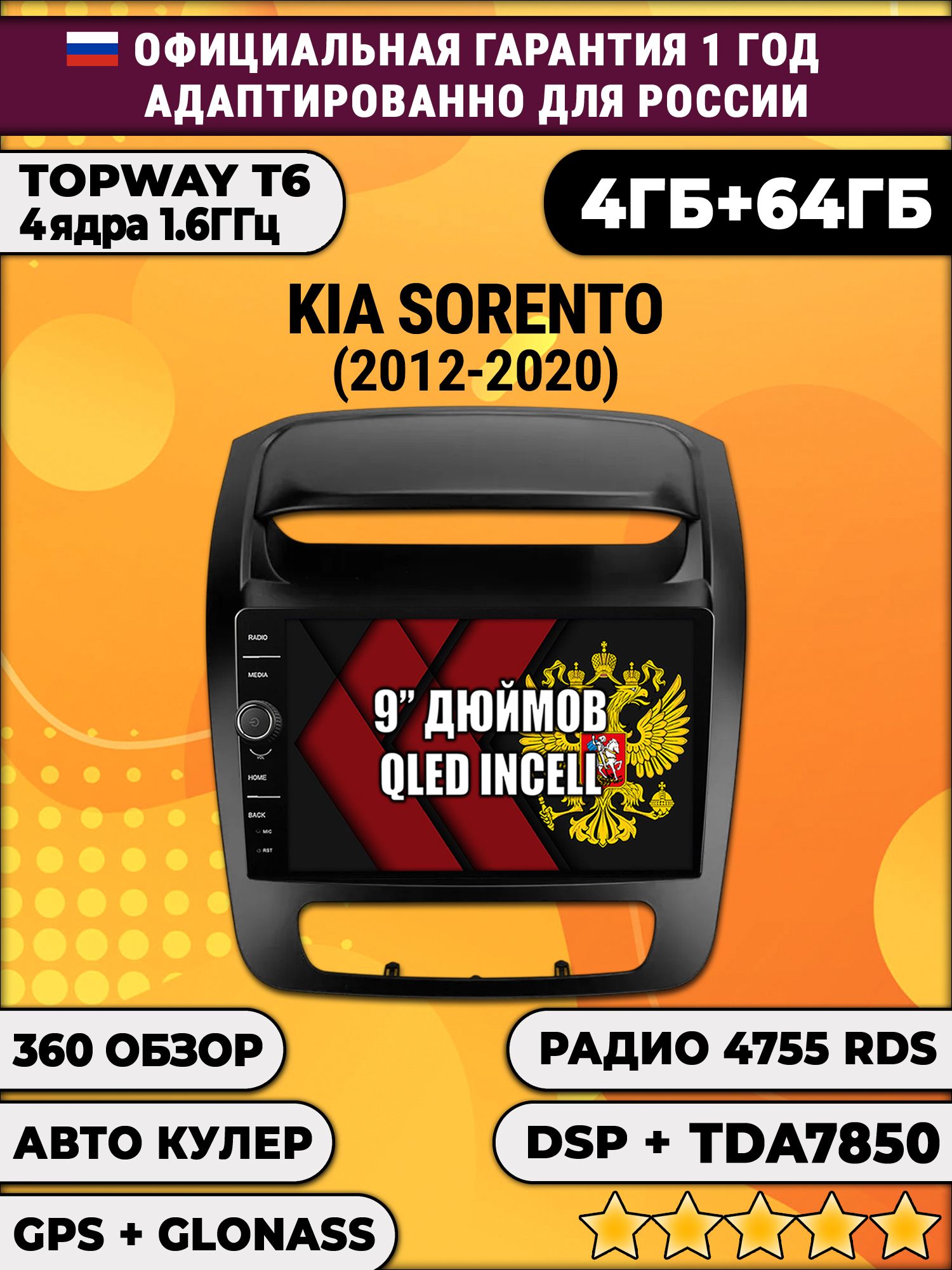 4гб+64гб с DSP и 360 для KIA SORENTO (2012-2020), Android магнитола с DSP и усилителем TDA7850