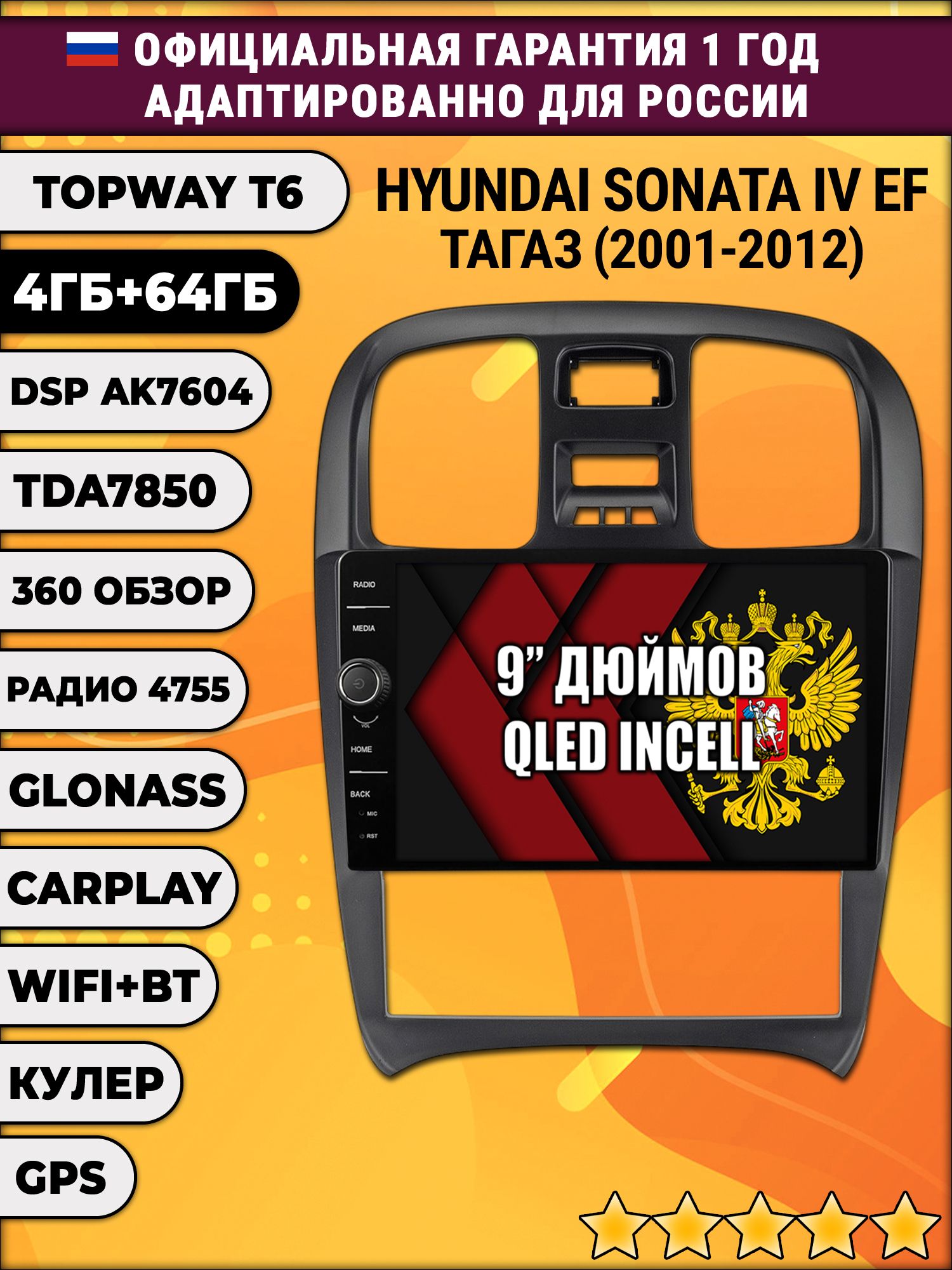 4гб+64гб с DSP и 360 для HYUNDAI SONATA IV (EF), ТАГАЗ (2001-2012), Android магнитола с DSP и усилителем TDA7850