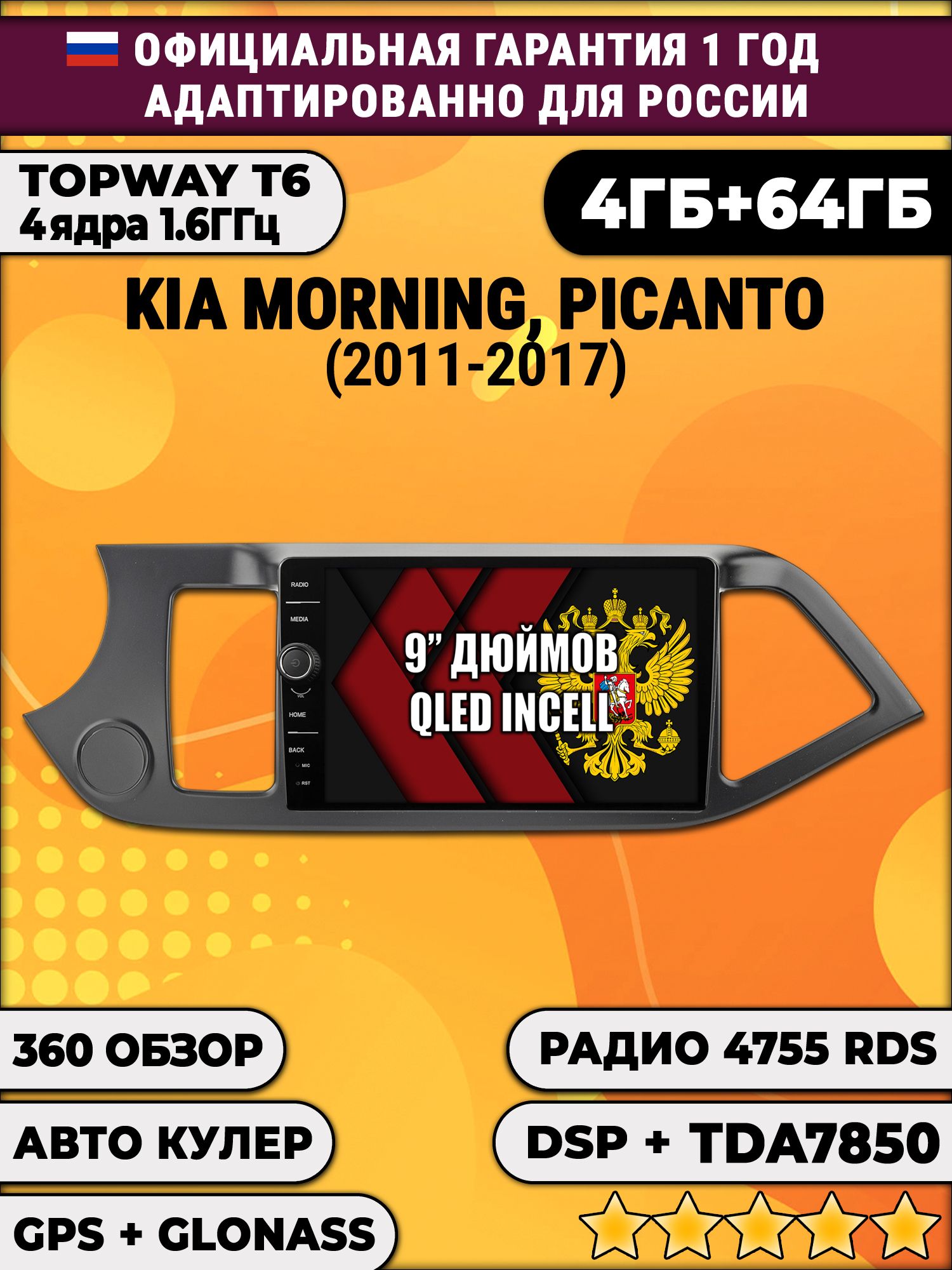 4гб+64гб с DSP и 360 для KIA MORNING (2011-2017) PICANTO (2011-2017), Android магнитола с DSP и усилителем TDA7850
