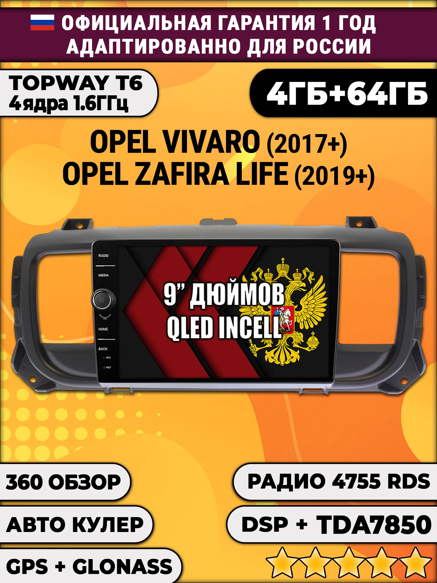 4гб+64гб с DSP и 360 для OPEL VIVARO (2017+), ZAFIRA LIFE (2019+), Android магнитола с DSP и усилителем TDA7850