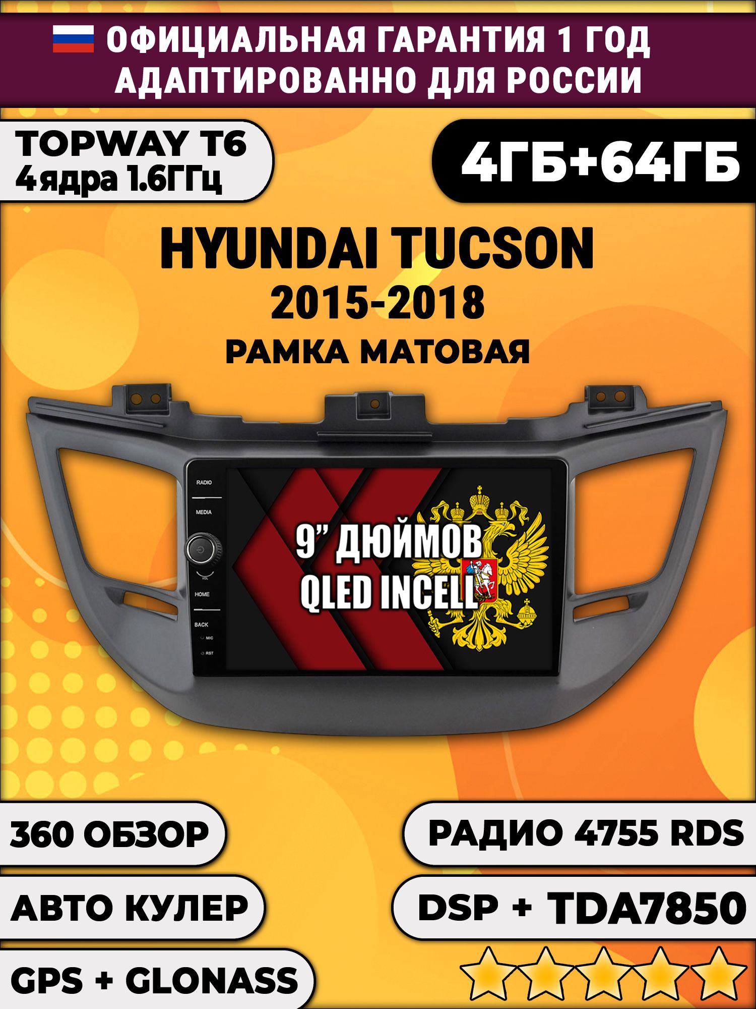 4гб+64гб с DSP и 360 для HYUNDAI TUCSON (2015-2018), рамка черная матовая, Android магнитола с DSP и усилителем TDA7850