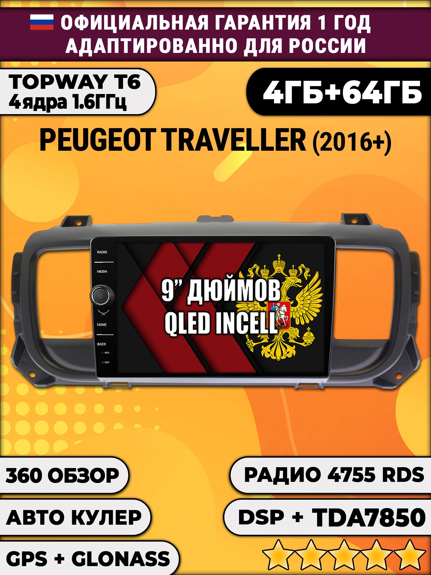 4гб+64гб с DSP и 360 для PEUGEOT TRAVELLER (2016+), Android магнитола с DSP и усилителем TDA7850