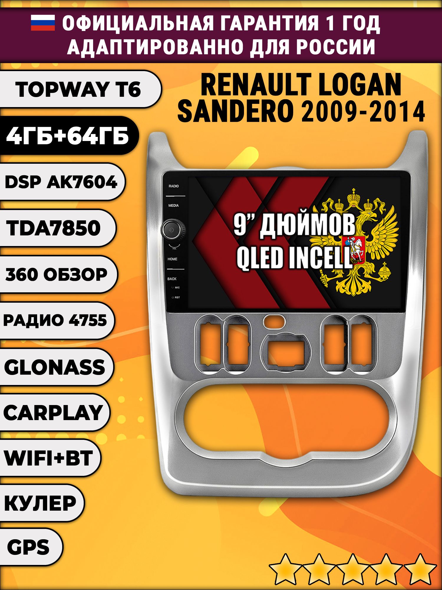 4гб+64гб с DSP и 360 для RENAULT LOGAN (2009-2014) SANDERO (2009-2014), серебристая рамка, Android магнитола с DSP