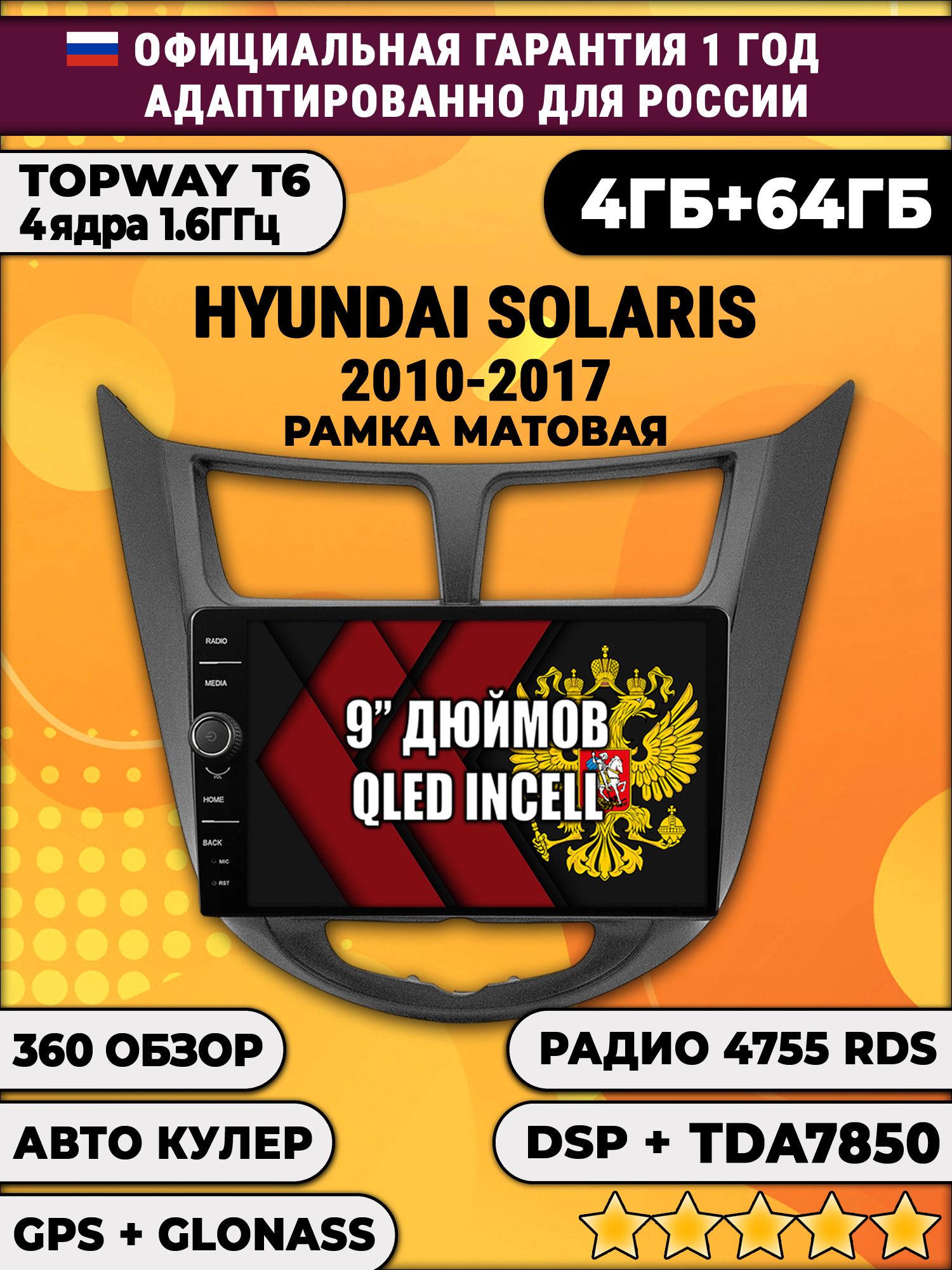 4гб+64гб с DSP и 360 для HYUNDAI SOLARIS (2010 2011 2012 2013 2014 2015 2016 2017) Соларис, рамка черная матовая, Android магнитола