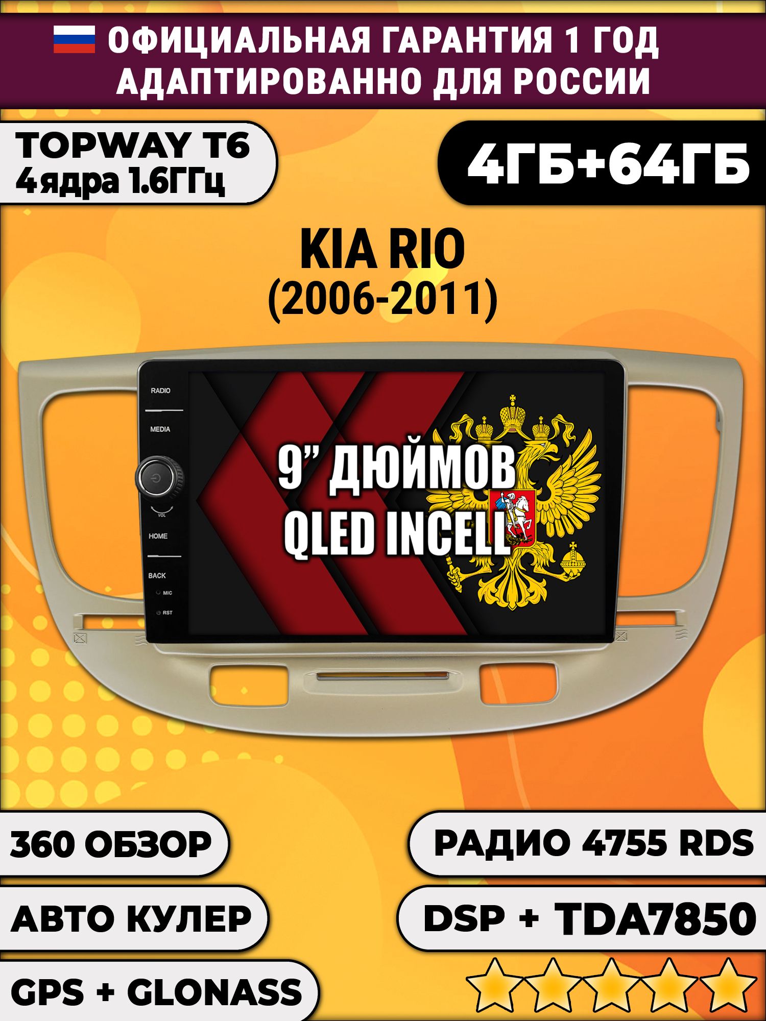 4гб+64гб с DSP и 360 для KIA RIO (2006-2011), Android магнитола с DSP и усилителем TDA7850