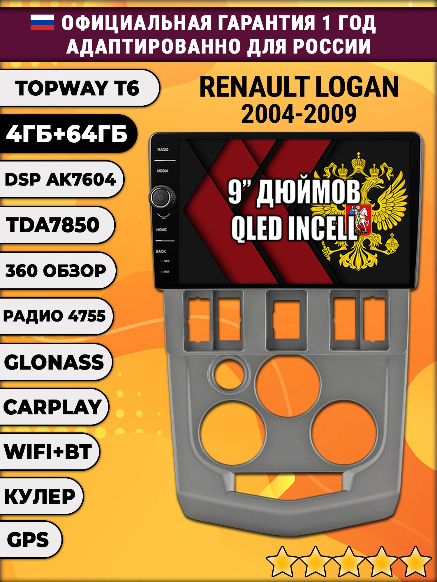 4гб+64гб с DSP и 360 для RENAULT LOGAN (2004-2009), Android магнитола с DSP и усилителем TDA7850
