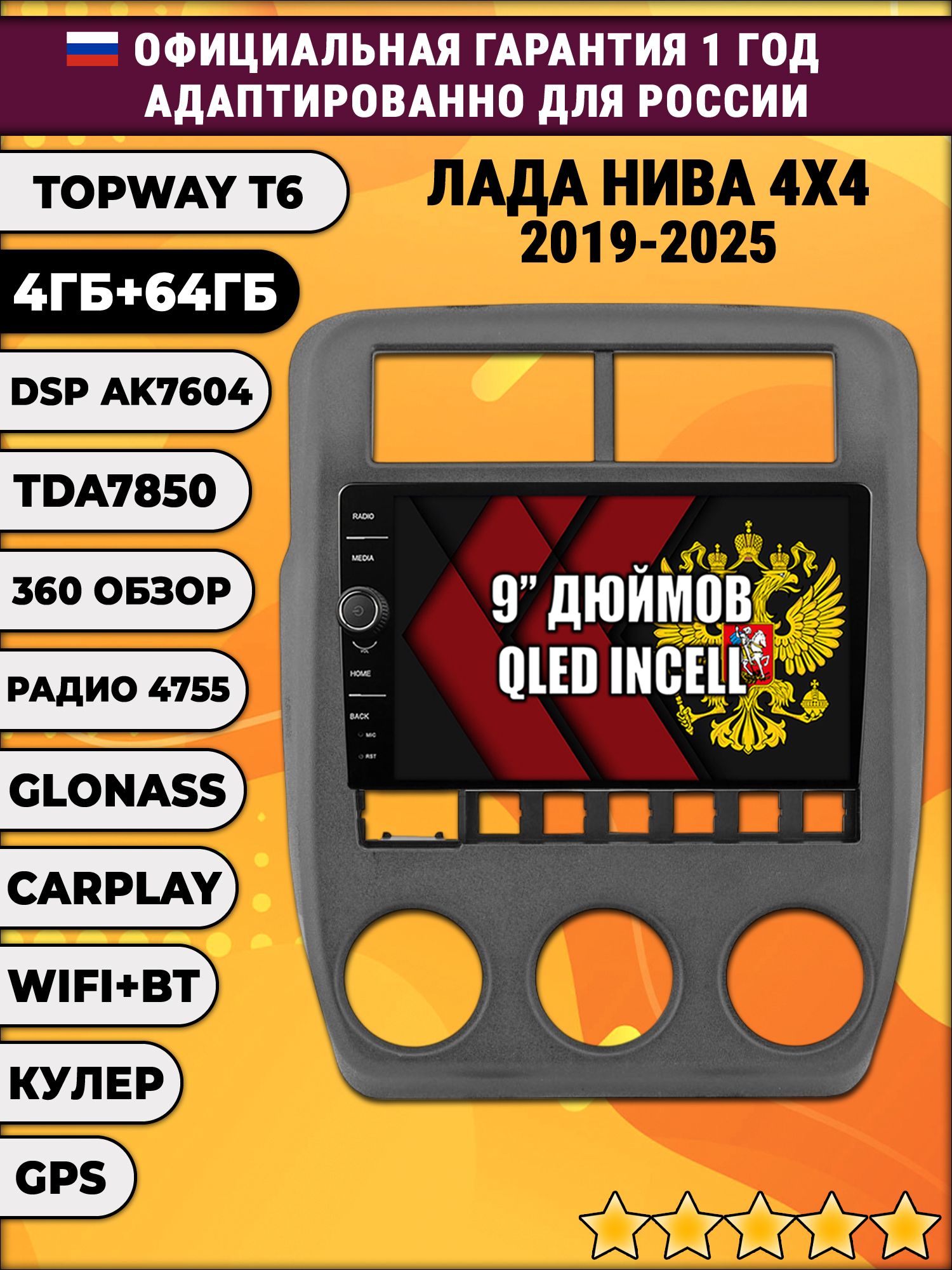 4гб+64гб с DSP и 360 для LADA NIVA 4X4, ЛАДА НИВА (2019 2020 2021 2022 2023 2024 2025), Android магнитола с DSP и усилителем TDA7850