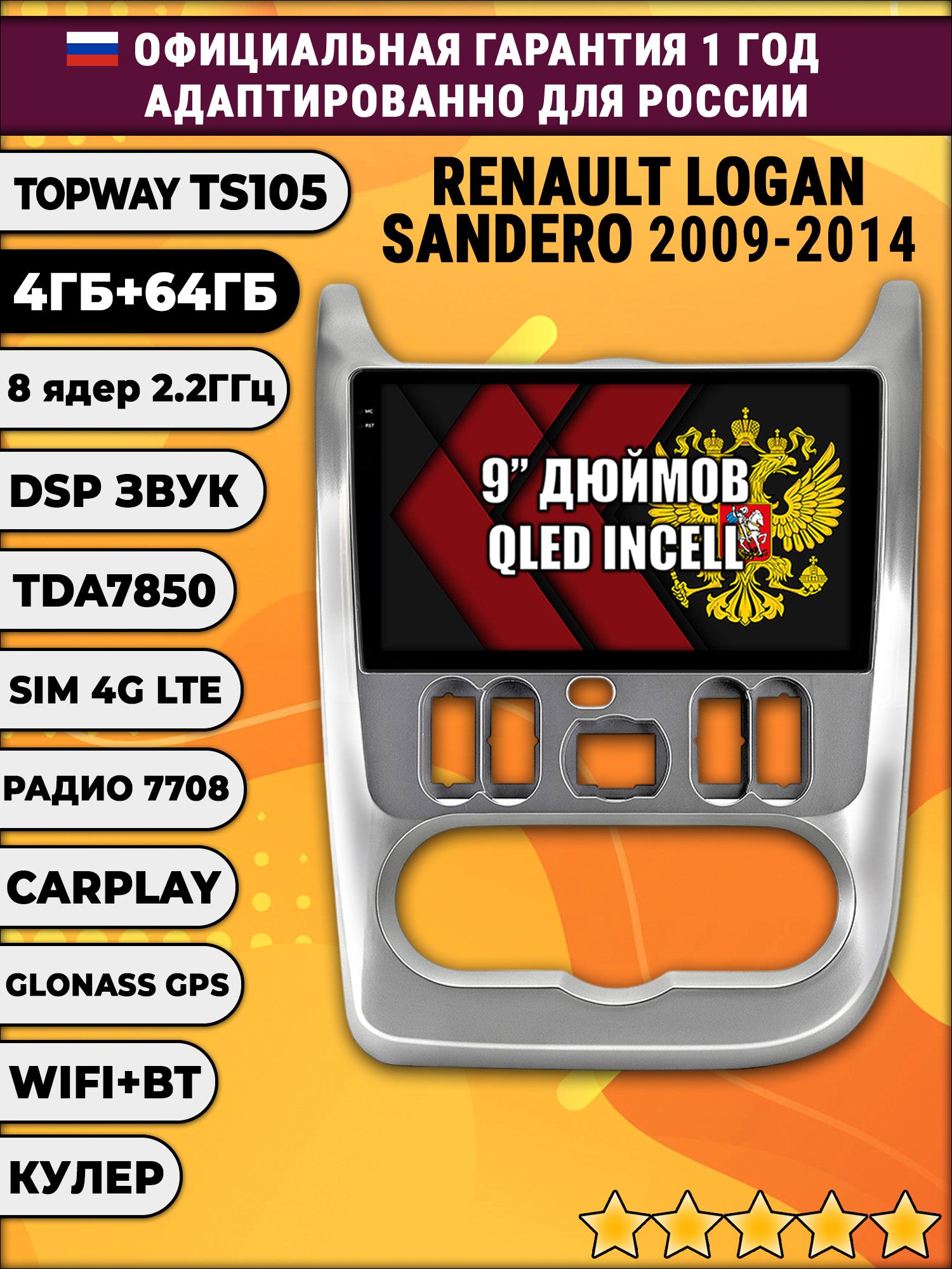 TS105 8 ядер, 4гб+64гб для RENAULT LOGAN (2009-2014) SANDERO (2009-2014), серебристая рамка, Android магнитола