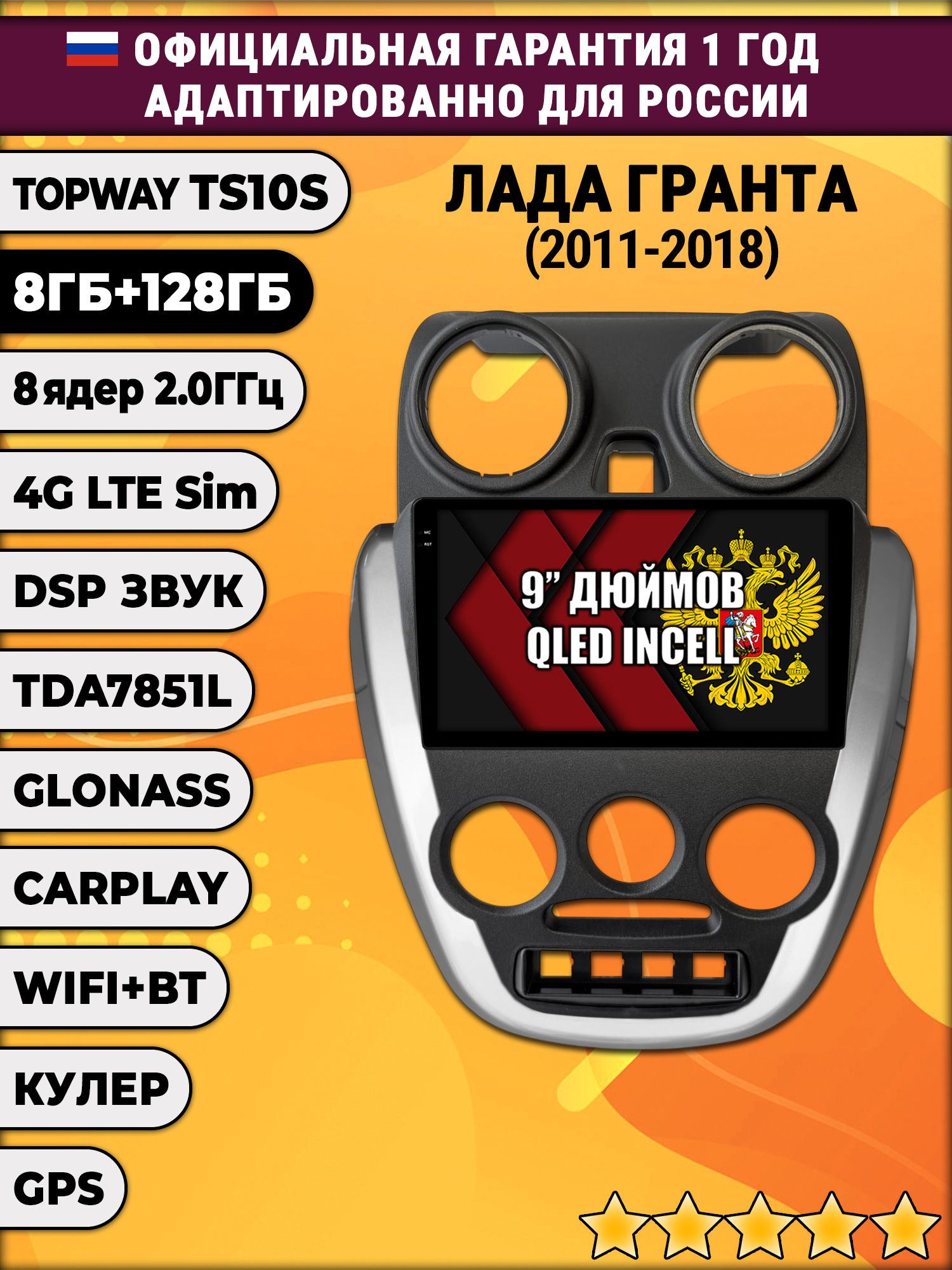 8 ядер TS105, память 8/128гб для LADA GRANTA ГРАНТА (2011-2018), Android магнитола
