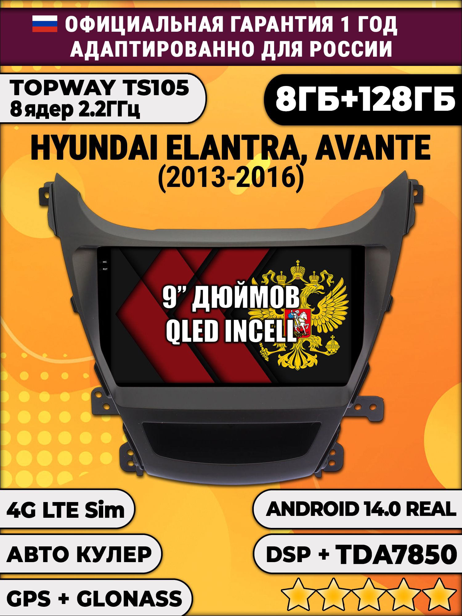 TS105, память 8/128гб для HYUNDAI ELANTRA, AVANTE (2013-2016), Android магнитола