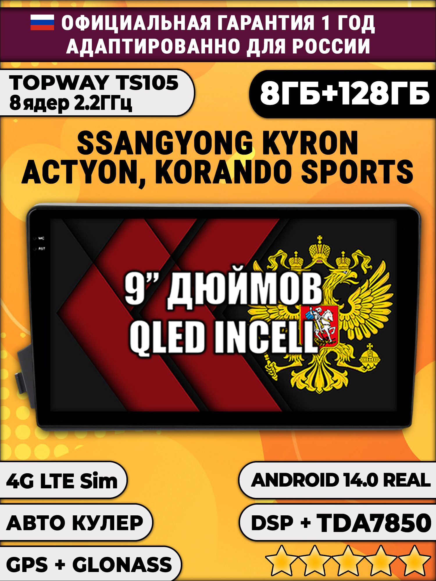 TS105, память 8/128гб для SSANGYONG KYRON, ACTYON, KORANDO SPORTS, Android магнитола