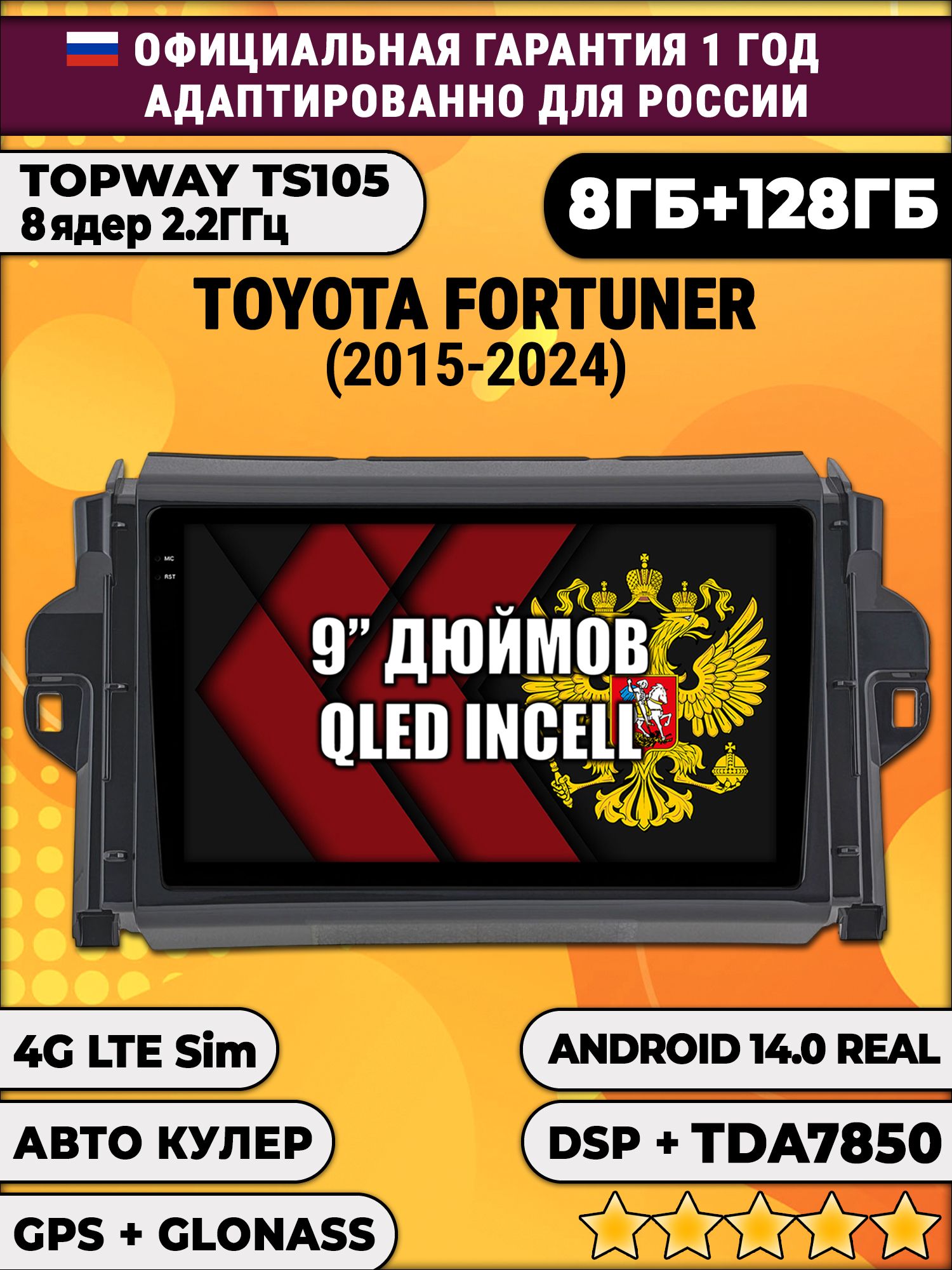 TS105, память 8/128гб для TOYOTA FORTUNER (2015-2024), Android магнитола