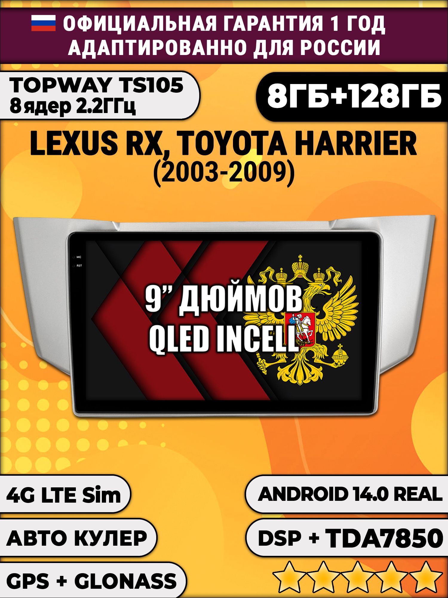 TS105, память 8/128гб для LEXUS RX300 RX330 RX350 (2003-2009), Android магнитола