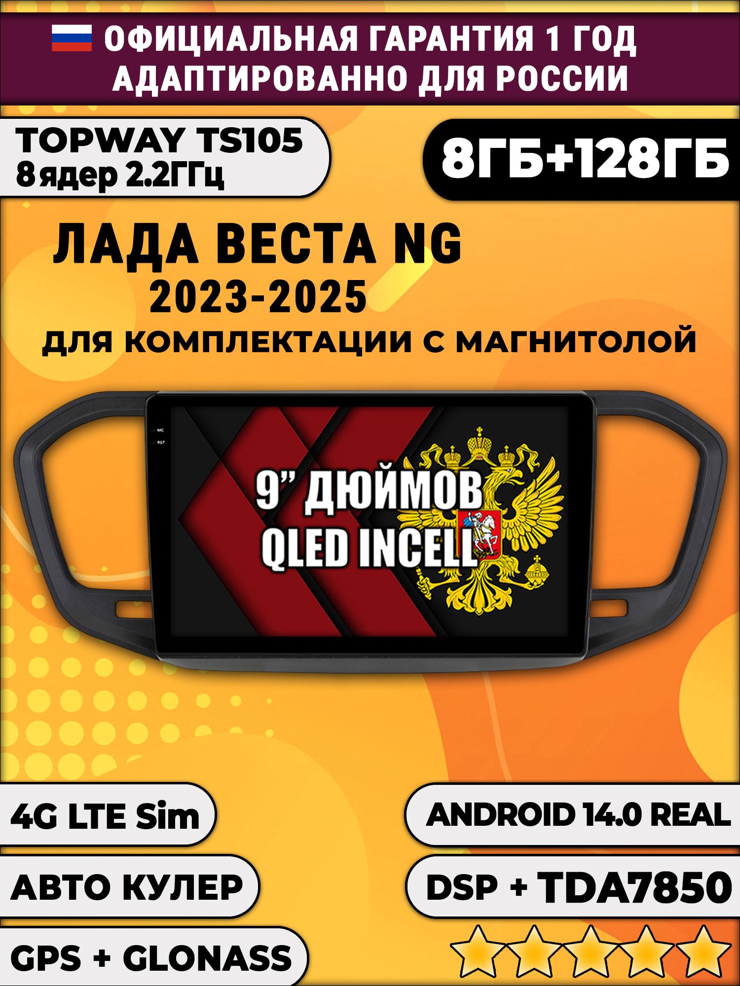 TS105, память 8/128гб для ЛАДА ВЕСТА НОВАЯ / LADA VESTA NG (2023 2024 2025), Android магнитола, черная матовая рамка, для комплектации с магнитолой