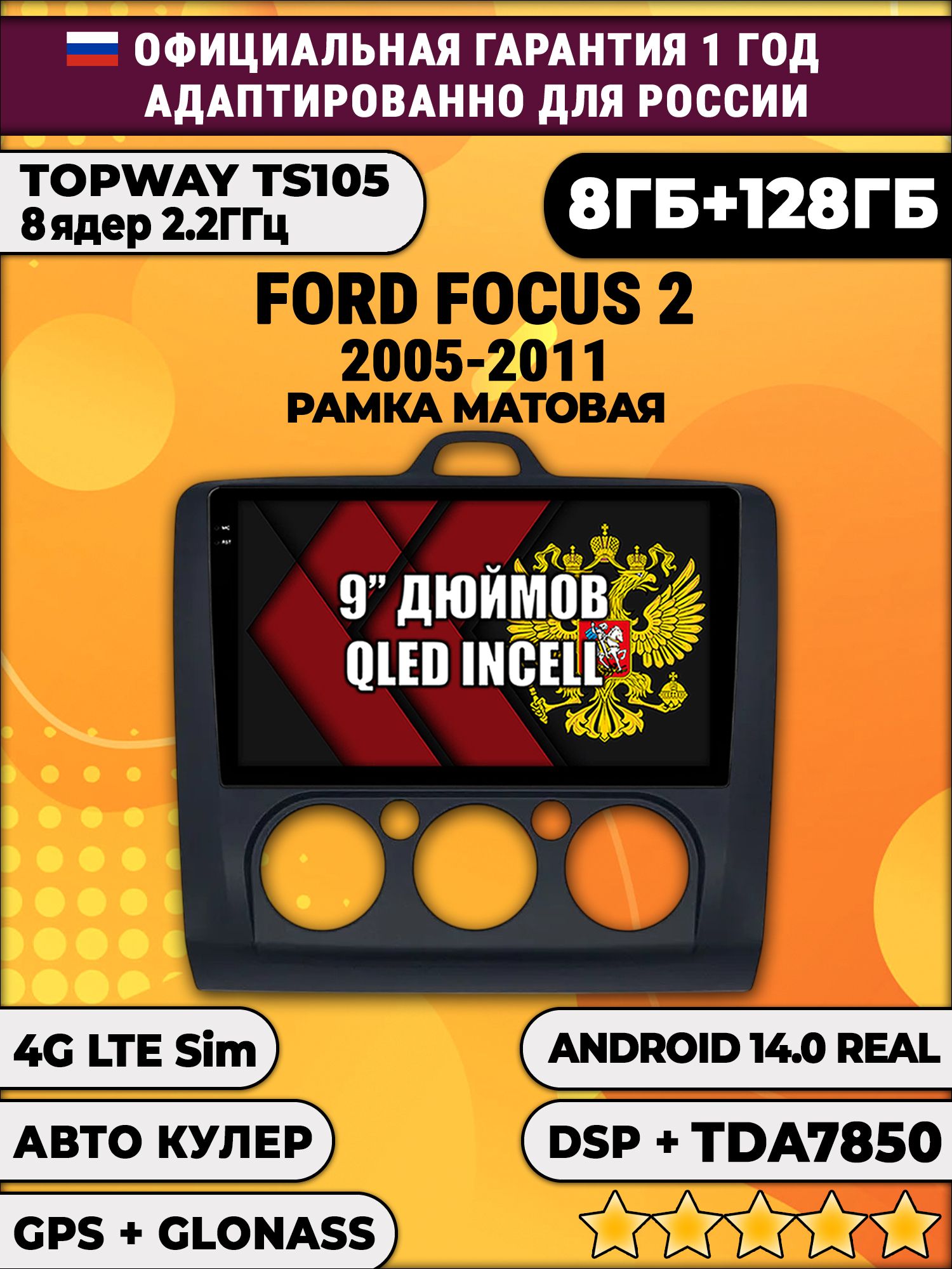 TS105, память 8/128гб для FORD FOCUS 2 (2005 2006 2007 2008 2009 2010 2011) Форд Фокус, Android магнитола - Рамка под кондиционер - черная матовая