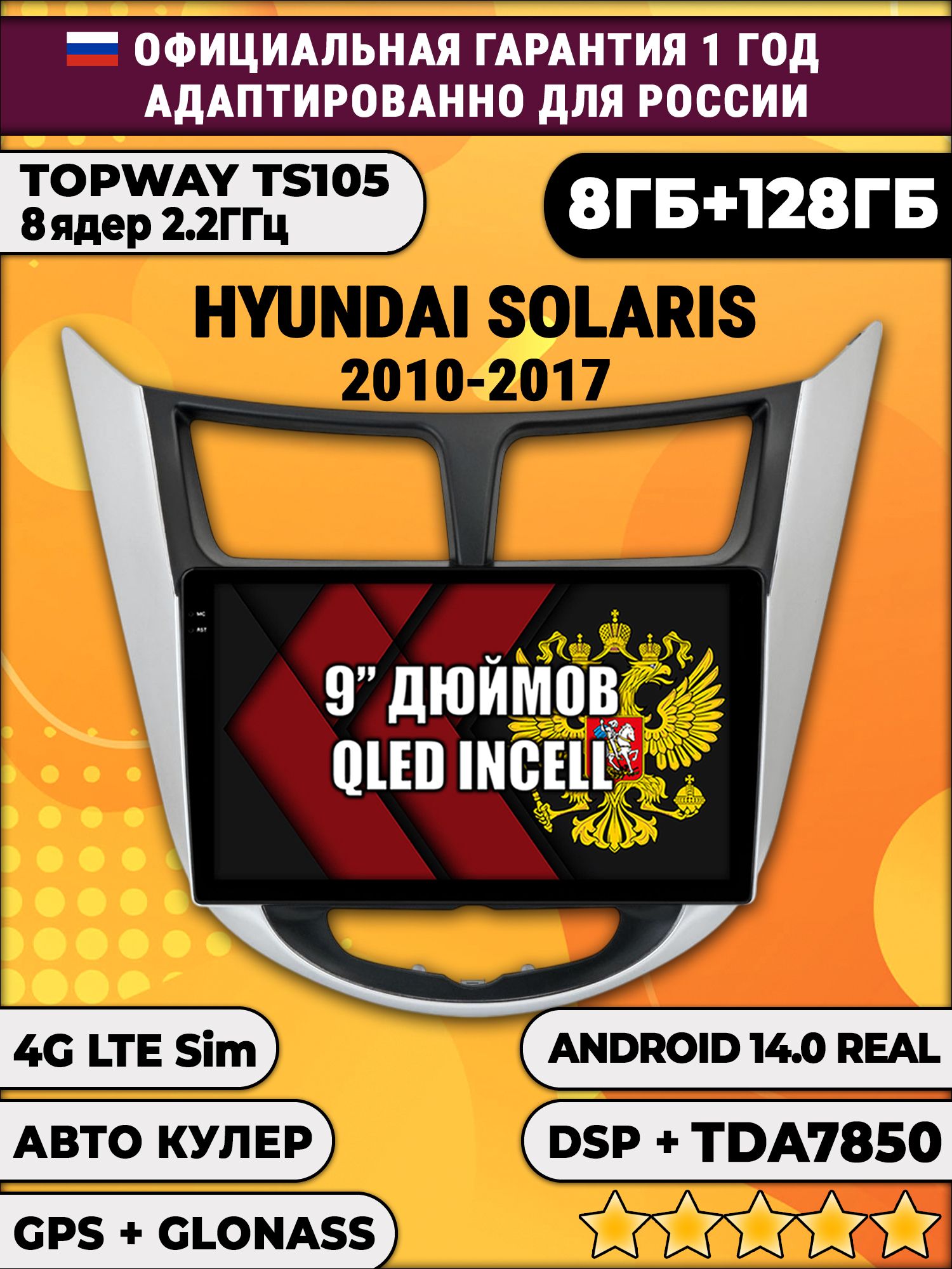 TS105, память 8/128гб для HYUNDAI SOLARIS (2010 2011 2012 2013 2014 2015 2016 2017) Соларис, Android магнитола - Рамка с черным центром