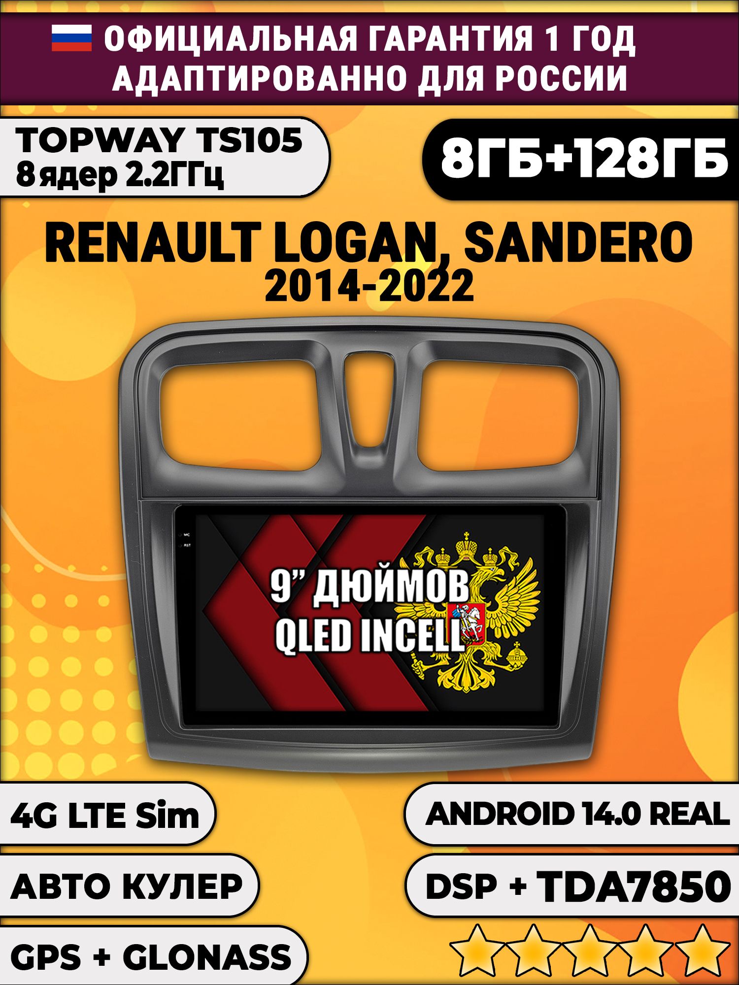 TS105, память 8/128гб для RENAULT LOGAN, SANDERO (2014 2015 2016 2017 2018 2019 2020 2021 2022), Android магнитола