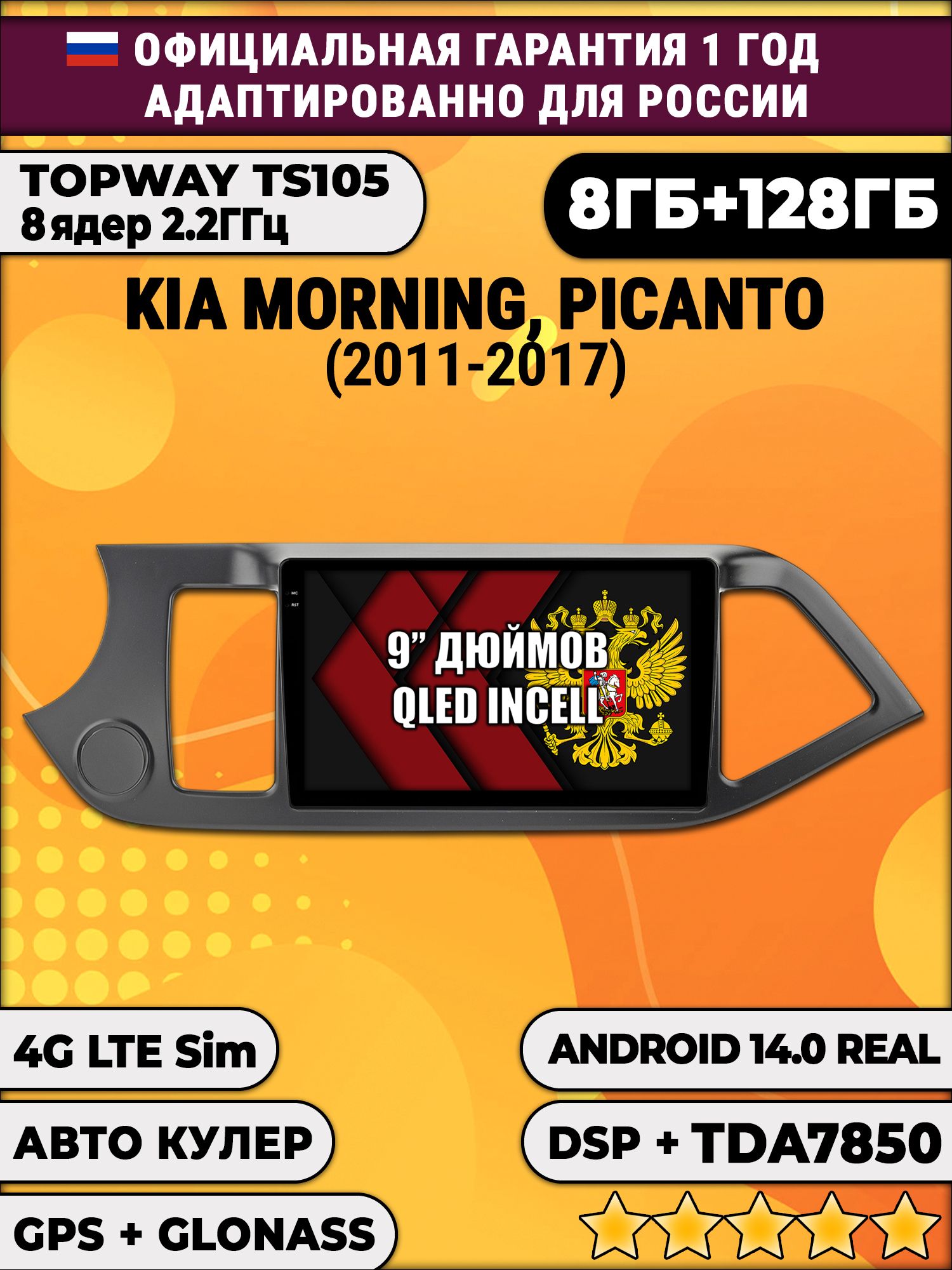 TS105, память 8/128гб для KIA MORNING (2011-2017) PICANTO (2011-2017), Android магнитола