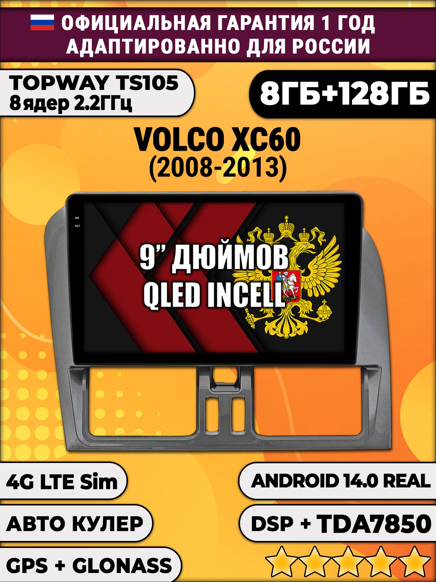 TS105, память 8/128гб для VOLVO XC60 (2008-2013), Android магнитола для комплектации без экрана